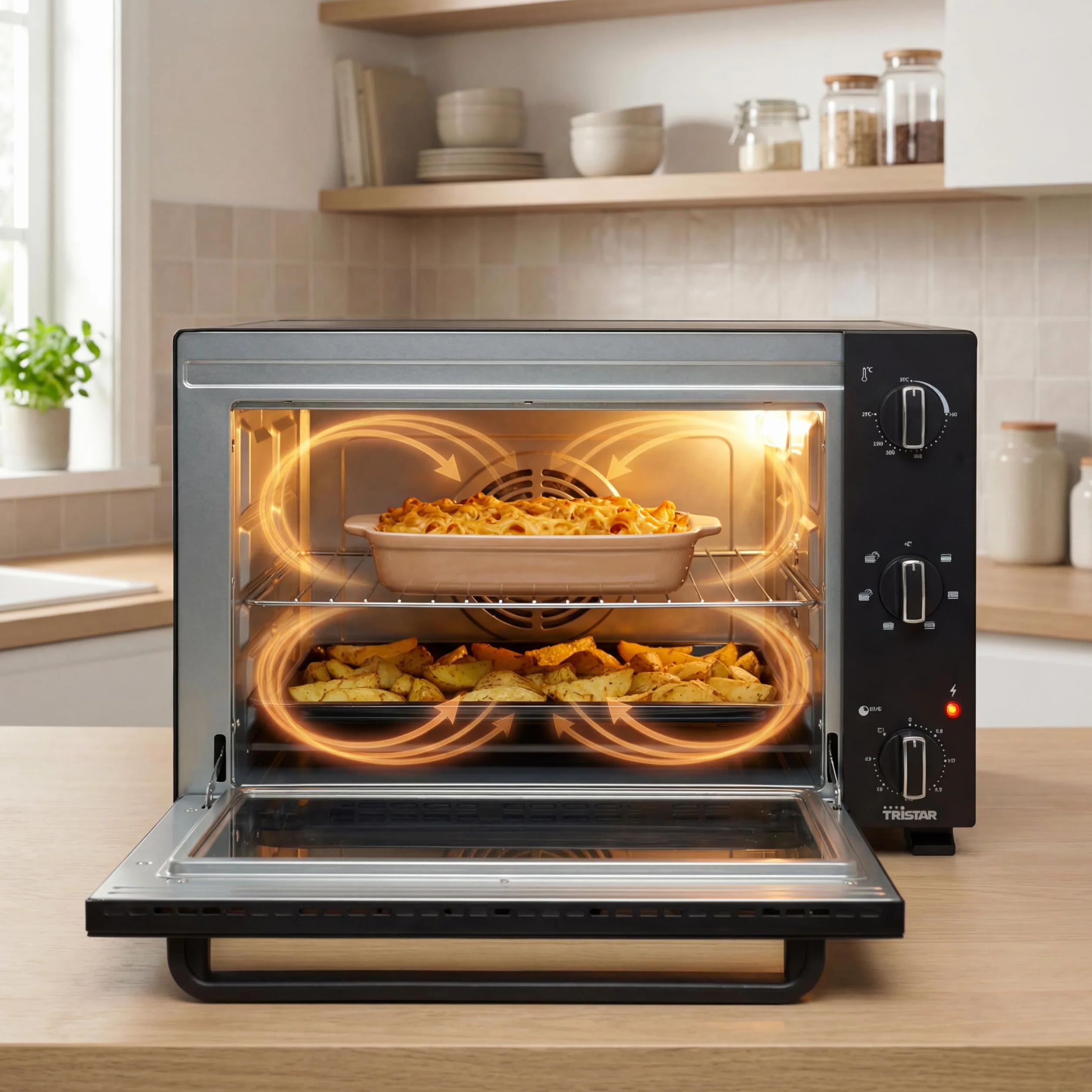 Tristar Piec konwekcyjny 48 l, 1800 W, 6-stopniowy konwekcyjny, 90-minutowy timer, drzwi z podwójnymi szybami, oświetlenie wnętrza, blacha do pieczenia i ruszt do grillowania, OV-3665