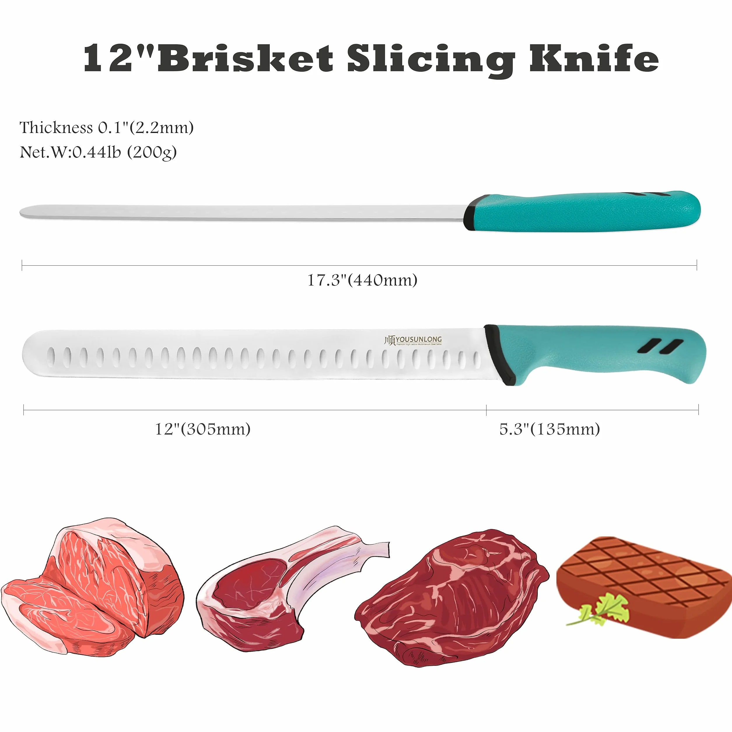YOUSUNLONG Nóż do krojenia mostka, 30 cm, ostry jak brzytwa nóż do rzeźbienia, wysokowęglowa stal molibdenowa, uchwyt santoprenowy, zaprojektowany do brykietów, pieczeni, indyka, grillowania