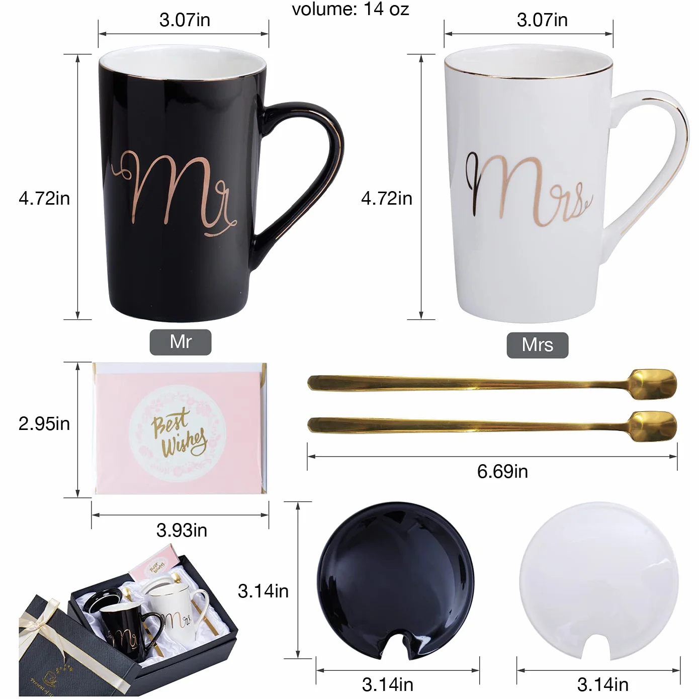 Jumway Kubki do kawy Mr & Mrs. - prezenty ślubne - zestaw kubków Pan i Pani - dla panny młodej i pana młodego - prezenty na wieczór panieński zaręczyny ślub i rocznica małżeństw - ceramiczne kubki marmurowe 404 ml czarne