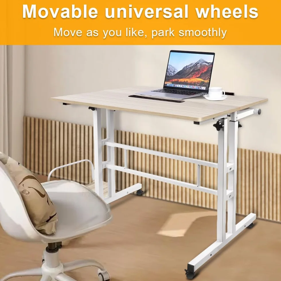 Biurko komputerowe z regulacją wysokości Stół na laptopa z kółkami, mobilny stół biurkowy na komputer stacjonarny stolik na laptopa, 102 x 60 x 67-115 cm, biały klon