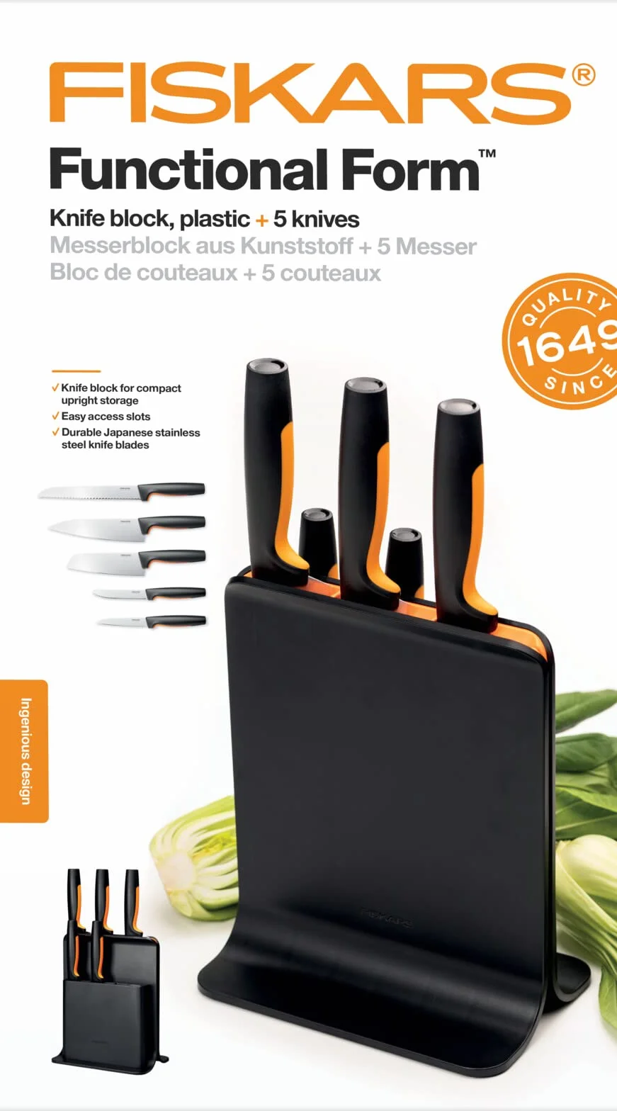 Fiskars Blok 5 noży,Functional Form,nóż do warzyw i Santoku, nóż do chleba,Czarny,1057554