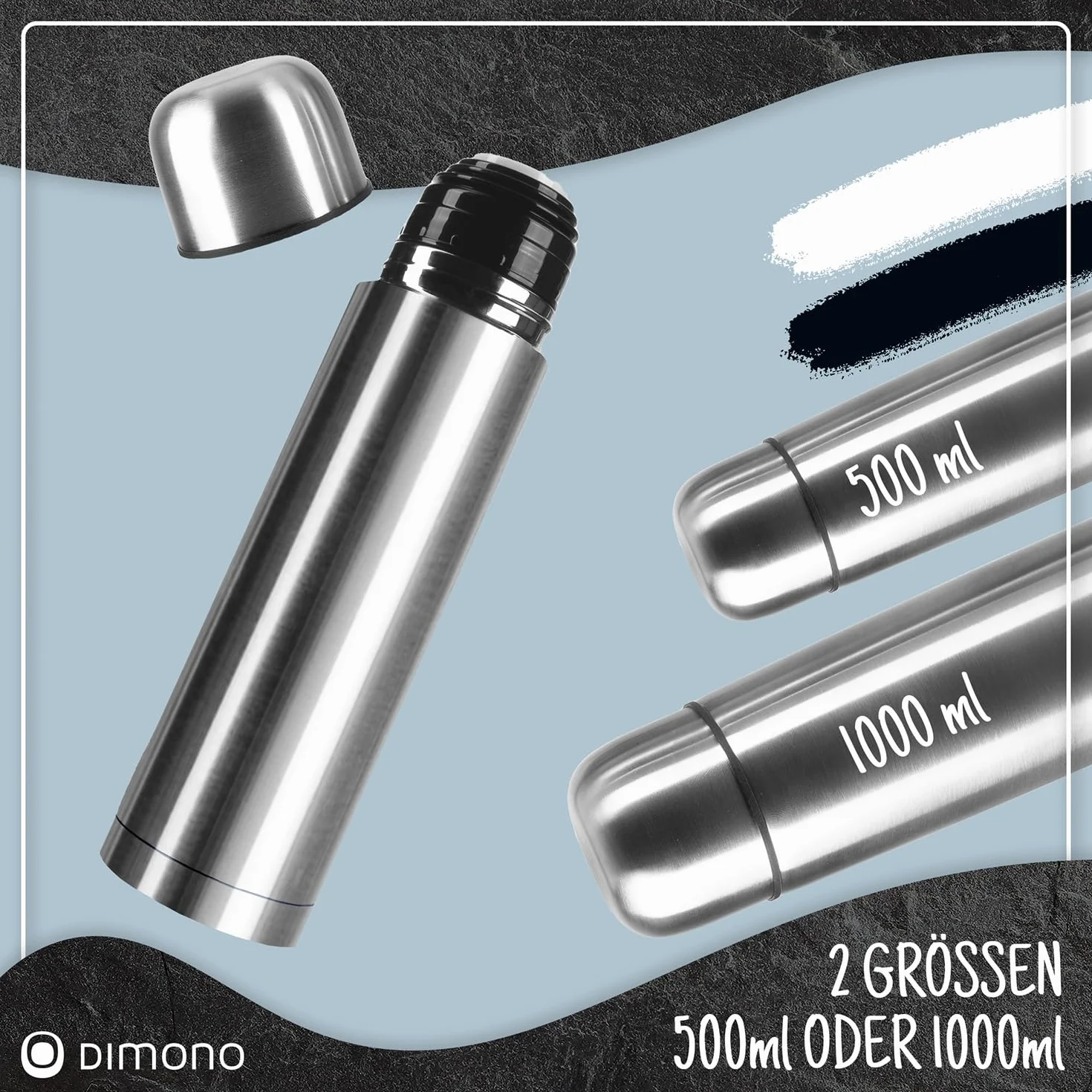 DIMONO® Termos Próżniowy ze Stali Nierdzewnej 500 ml z Kubkiem | Szczelny dzbanek termiczny bez BPA - mycie w zmywarce - zestaw z kubkiem i szczoteczką, 500 ml / 1000 ml