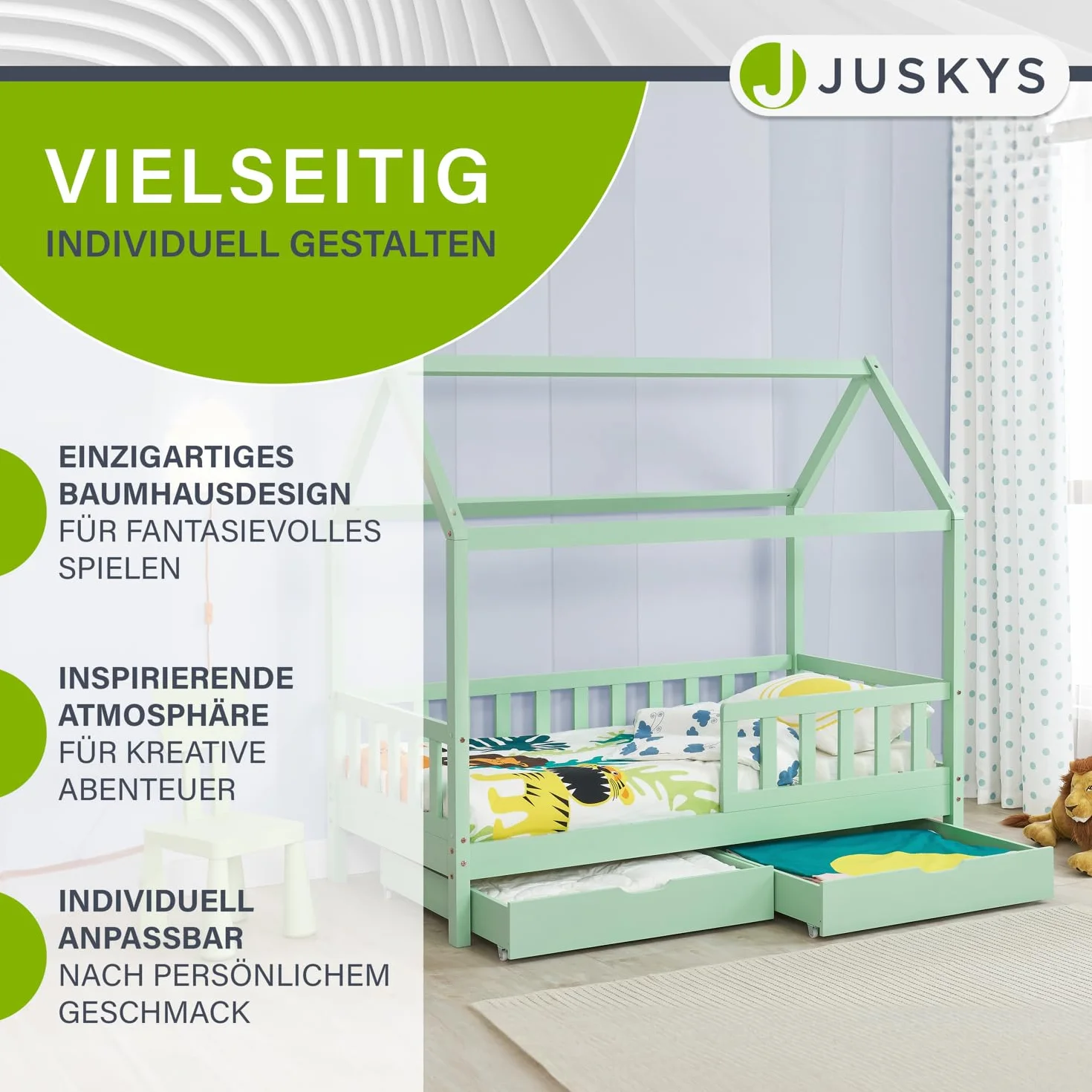 Juskys® Łóżko dziecięce Marli 80 x 160 cm ze skrzynią na pościel, 2-częściowe, ochrona przed wypadnięciem, stelażem i dachem – łóżko domowe z litego drewna dla dzieci – łóżko w kolorze miętowym