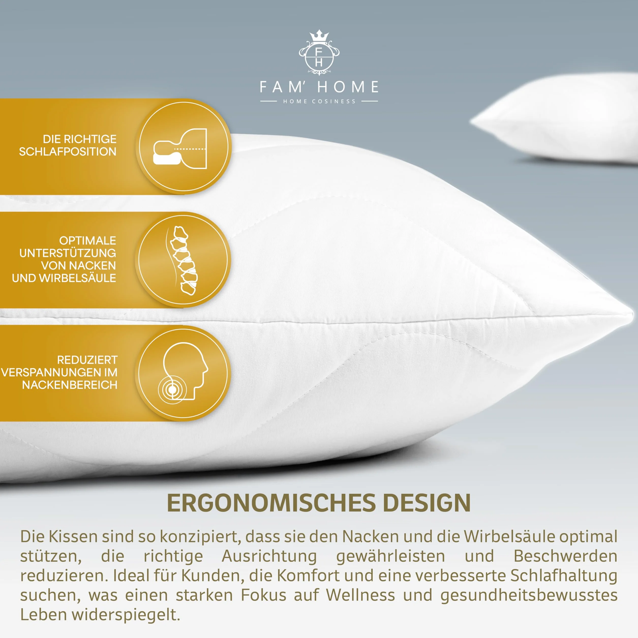 FAM' Home luksusowa poduszka 50 x 60 cm, zestaw 2 szt. – poduszka pod głowę, wypełnienie objętościowe (600 g), ergonomiczna biała poduszka do spania, łatwa pielęgnacja – poduszka dla alergików 50 x 60