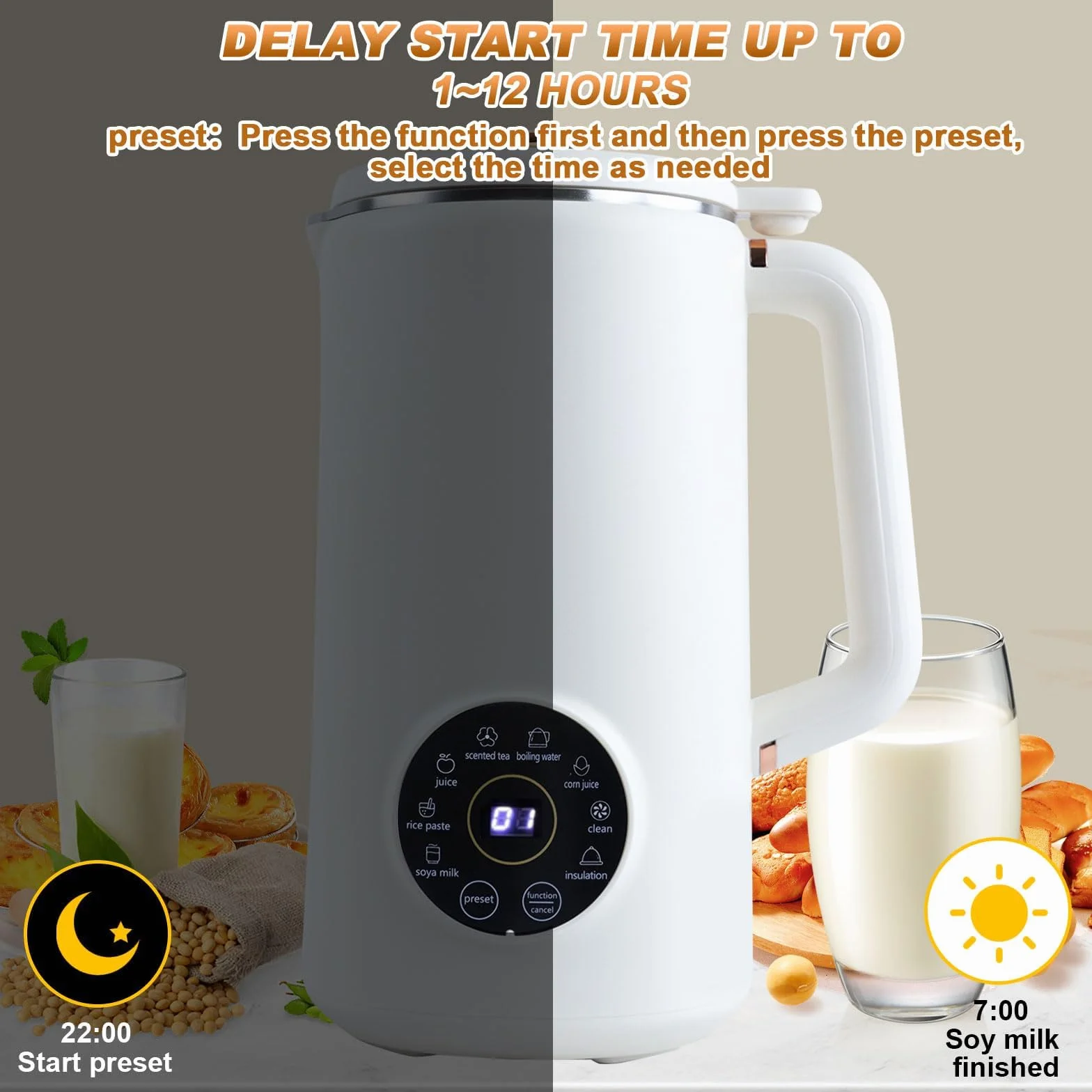 Maszyna do produkcji mleka orzechowego, maszyna do produkcji mleka sojowego 1 l, maszyna do produkcji mleka owsianego 8 w 1 z wyświetlaczem LED, maszyna do produkcji mleka roślinne