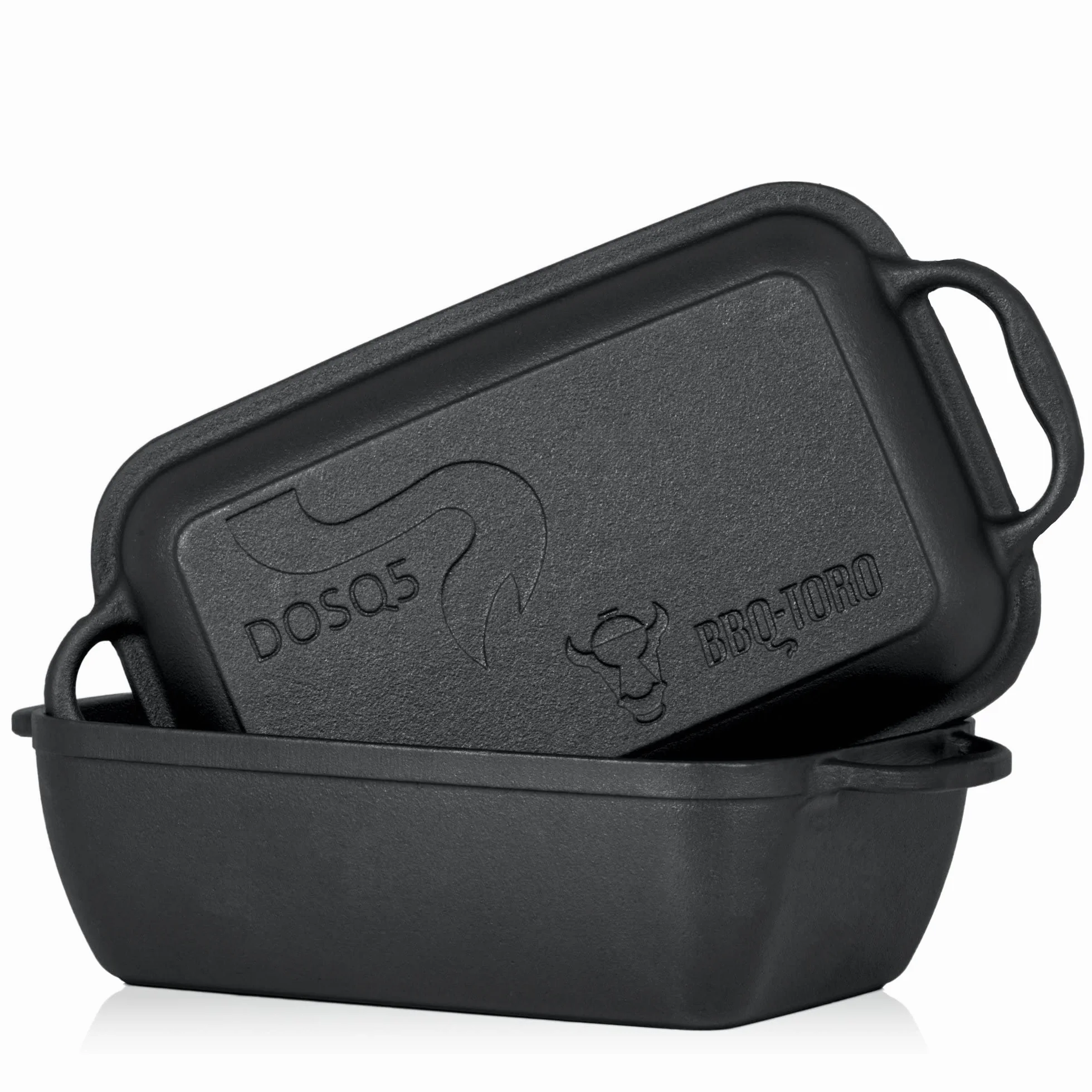 BBQ-Toro Żeliwna brytfanna z pokrywką 4,5 l | 2 w 1 – patelnia żeliwna + garnek do duszenia | forma do pieczenia chleba z pokrywką | żeliwna forma do pieczenia, duża, prostokątna, patelnia do grilla,