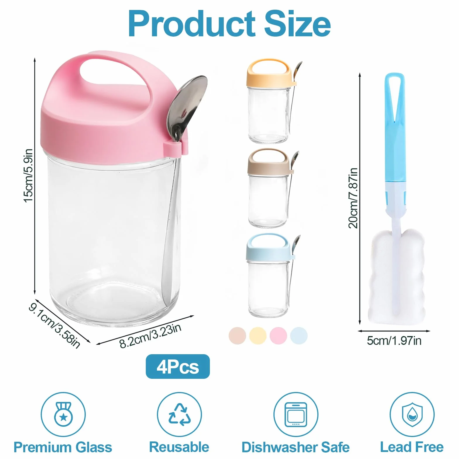 4 sztuki szklane słoiki na overnight oats z pokrywką i łyżeczką, wielokrotnego użytku, słoiki na musli na wynos, 14 uncji/410 ml, słoiki na owsiankę, jogurt, domowe musli, płatki owsiane