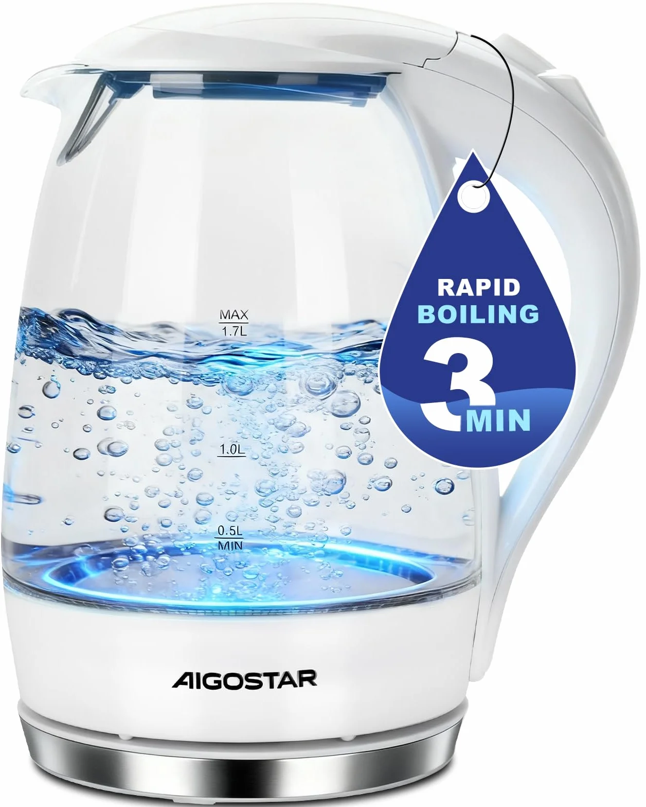 Aigostar Eve 30GON- Szklany czajnik z podświetleniem LED, 2200W, 1.7 L. Zabezpieczenie przed przegrzaniem, BPA Free, Biały ekskluzywny projekt