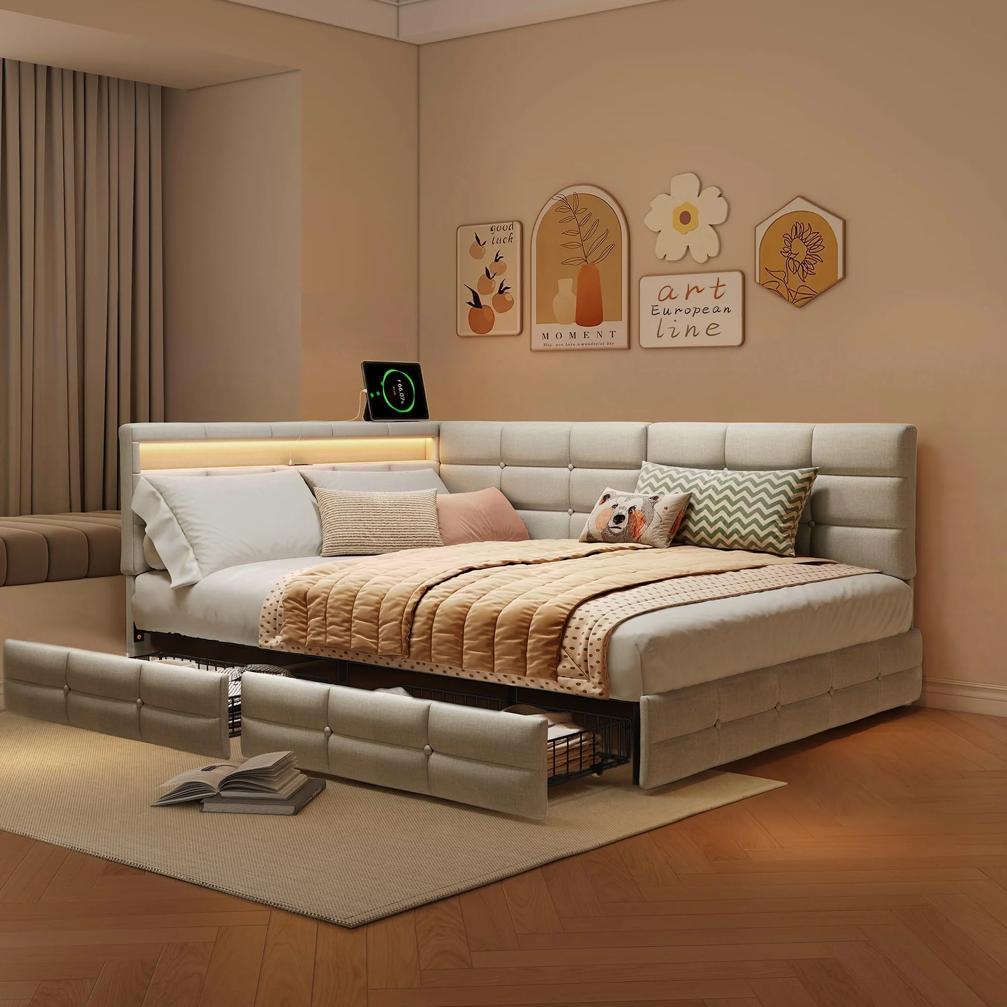 Łóżko tapicerowane Schlafsofa 140x200 cm, łóżko dzienne z 2 szufladami i stelażem z listew, sofa-łóżko, łóżko dwuosobowe z diodami LED i USB, łóżko dzienne, łóżko młodzieżowe, stelaż łóżka, len