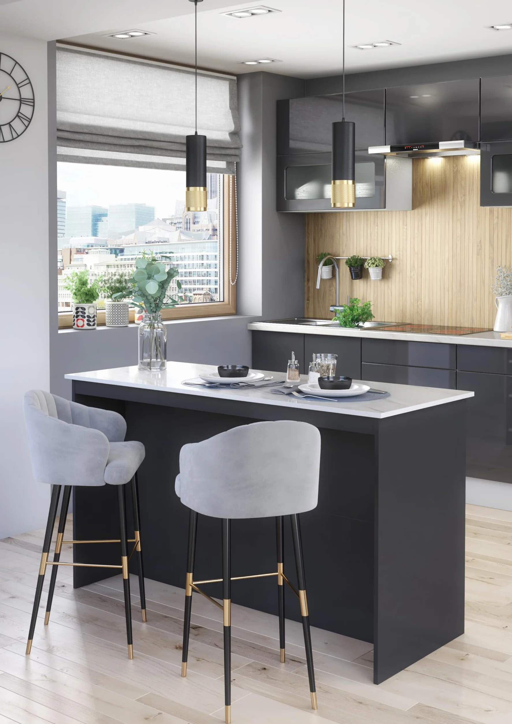 Furneo Kitchen Island Wyspa kuchenna grafit i bialy marmur KI02