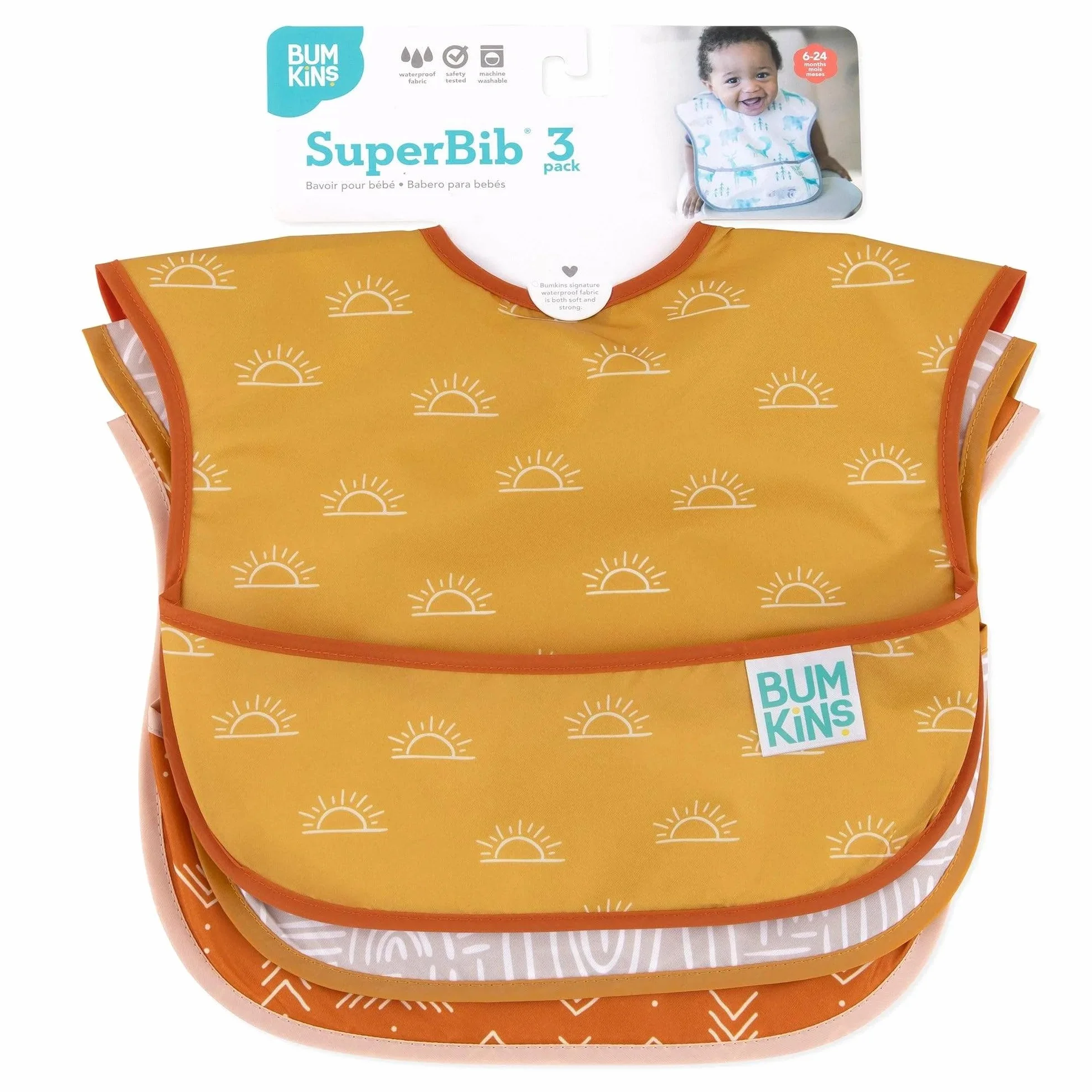 Bumkins Bibs for Girl or Boy, SuperBib Baby and Toddler for 6-24 Months, Essential Must Have for Eating, Feeding, Baby Led Weaning Supplies, Mess Saving Catch Food, Waterproof Fabric 3-pk Desert Boho