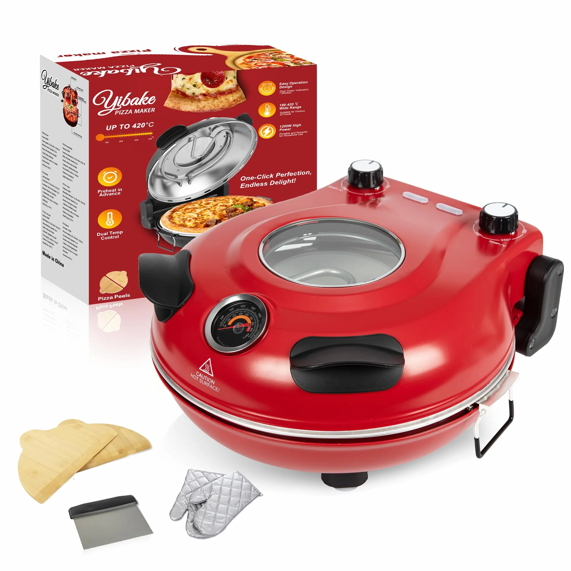 elektryczny piec do pizzy w 4 minuty, płyta ogniotrwała 32 cm, 1200 W, 5 trybów pracy, maks. temperatura 420°C