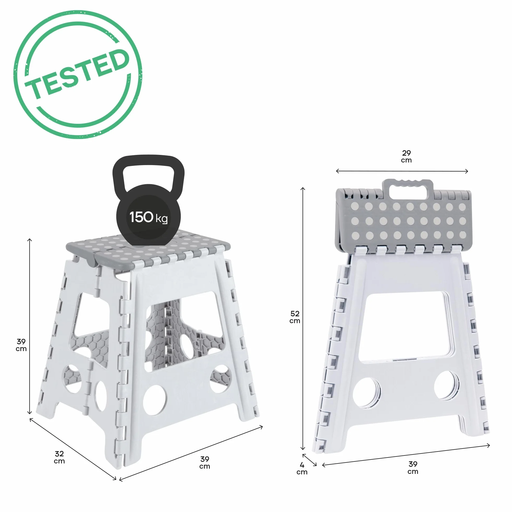 ARREGUI TB-039-GB mały składany taboret, dla dzieci i dorosłych, przenośny, składany stołek, obciążenie 150 kg, taboret do kuchni, łazienki, na kemping, do ogrodu, 39 cm wysokości, biały