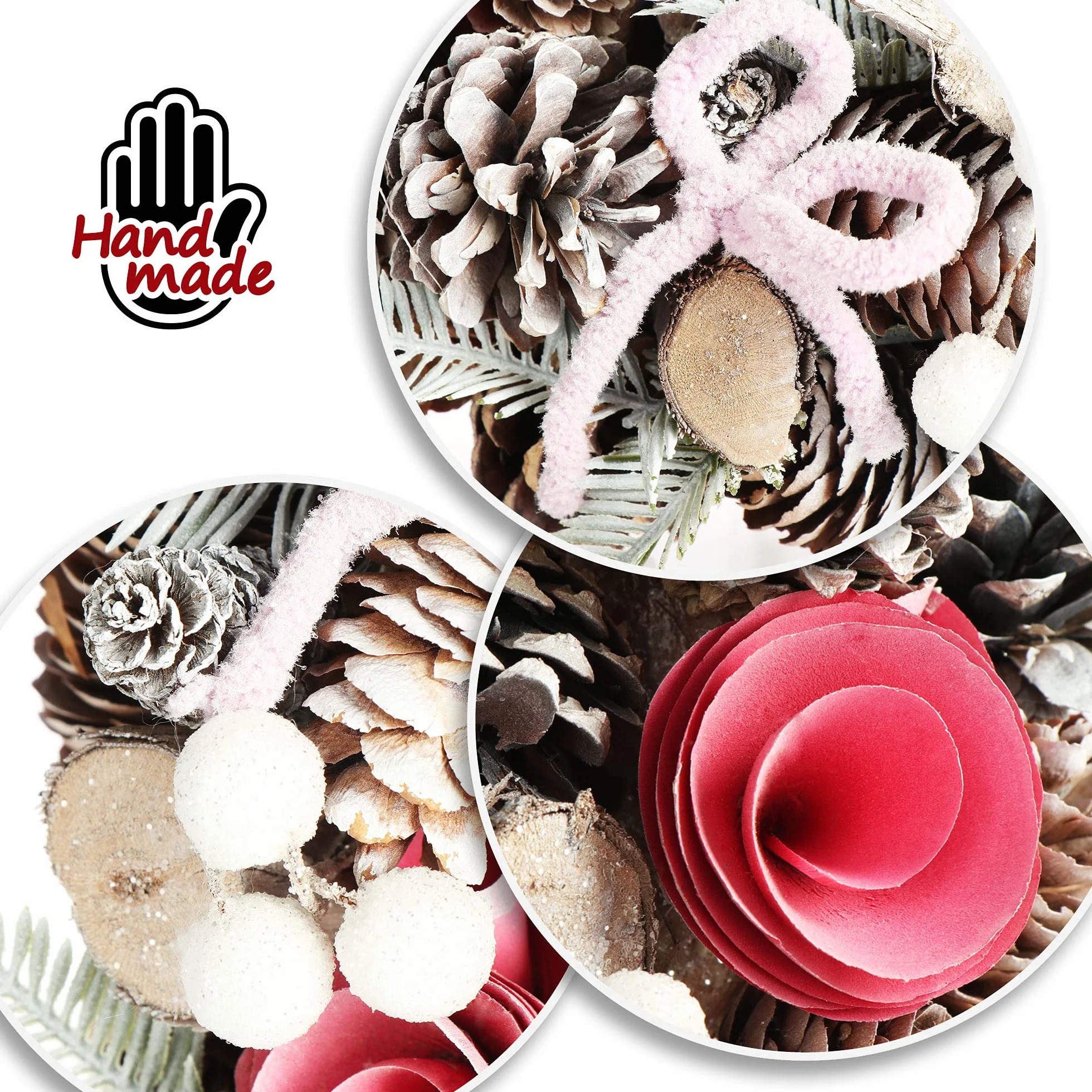 com-four® Wieniec adwentowy z różowymi kokardkami i różowymi kwiatami, wieniec dekoracyjny, dekoracja bożonarodzeniowa, wieniec na stół, wieniec bożonarodzeniowy