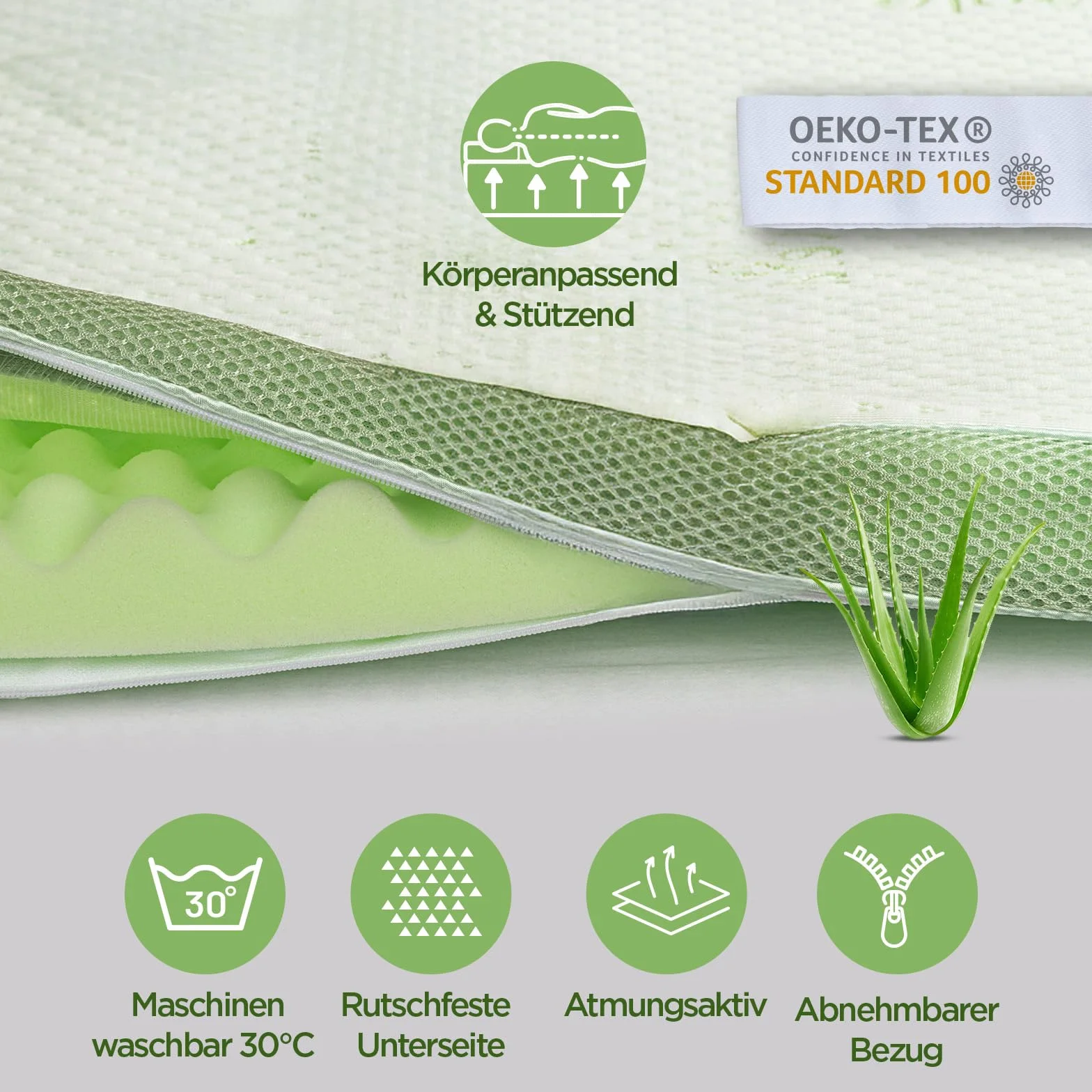 Vitapur Topper Aloe Vera – 70 x 190 cm, pianka memory 4 cm ze strukturą piramidy, zapach aloesu, nadaje się do prania, nakładka na materac