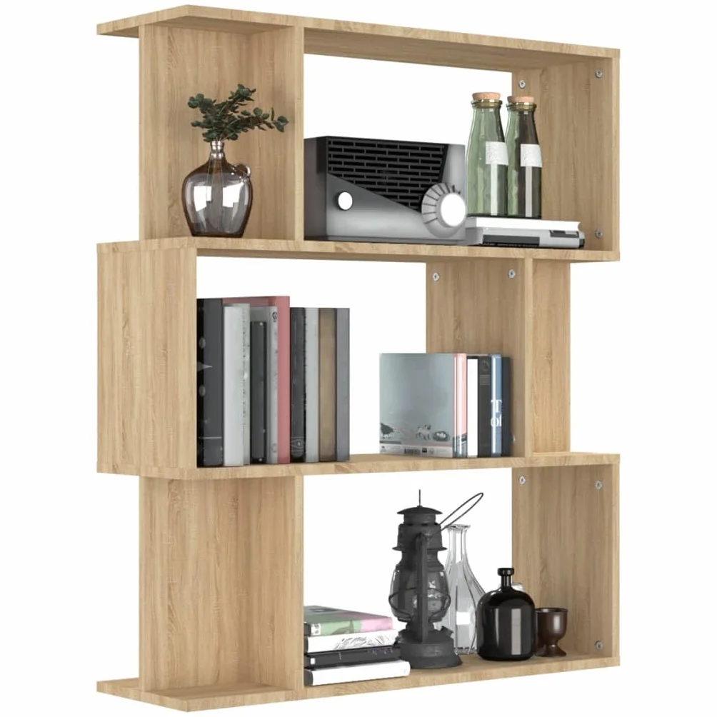 Regał na książki dąb Sonoma 80 x 24 x 96 cm, materiał drewnopochodny z 3 dużymi i 6 małymi przegródkami, jako ścianka działowa, do salonu, biura i korytarza, praktyczna półka i miejsce do
