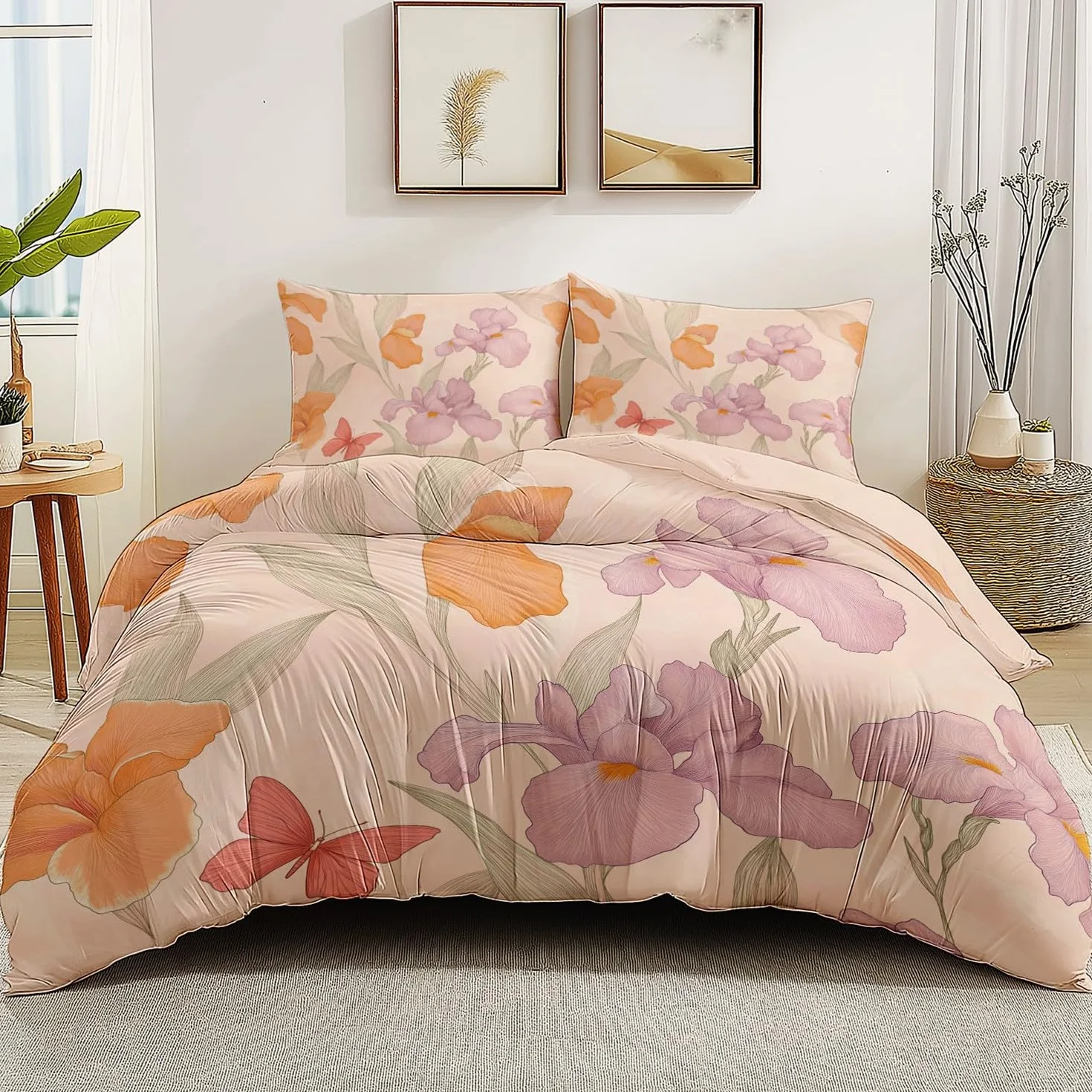 Zestaw poszewek na kołdrę różowa iris motyl pościel 230 x 220 cm zestaw pościeli z nadrukiem z parą poszewek na poduszki, miękka poszewka na kołdrę z mikrofibry z zamkiem błyskawicznym z zamkiem