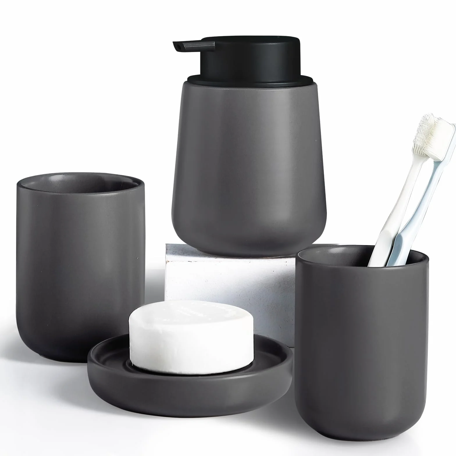 Zestaw ceramicznych akcesoriów łazienkowych, 4 szt. zestaw łazienkowy zawiera mydelniczkę i dozownik mydła, uchwyt na szczoteczkę do zębów, kubek do domu i łazienki (szary)
