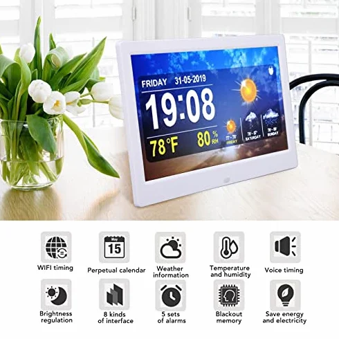 KIMISS 10in WIFI Zegar Pogodowy, 100-240 V Cyfrowy Kalendarz Budzik Biały Data Czas Temperatura Wilgotność Budzik z obsługą Pilota Zdjęcia Filmy Odtwarzanie Muzyki (Wtyczka UE)