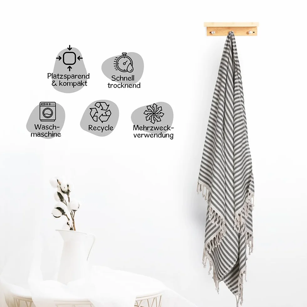 Ręcznik hammam w paski, 100 x 180 cm, dla kobiet i mężczyzn, ręcznik plażowy, 100% bawełna, lekki i chłonny, orientalny ręcznik kąpielowy (czarny)