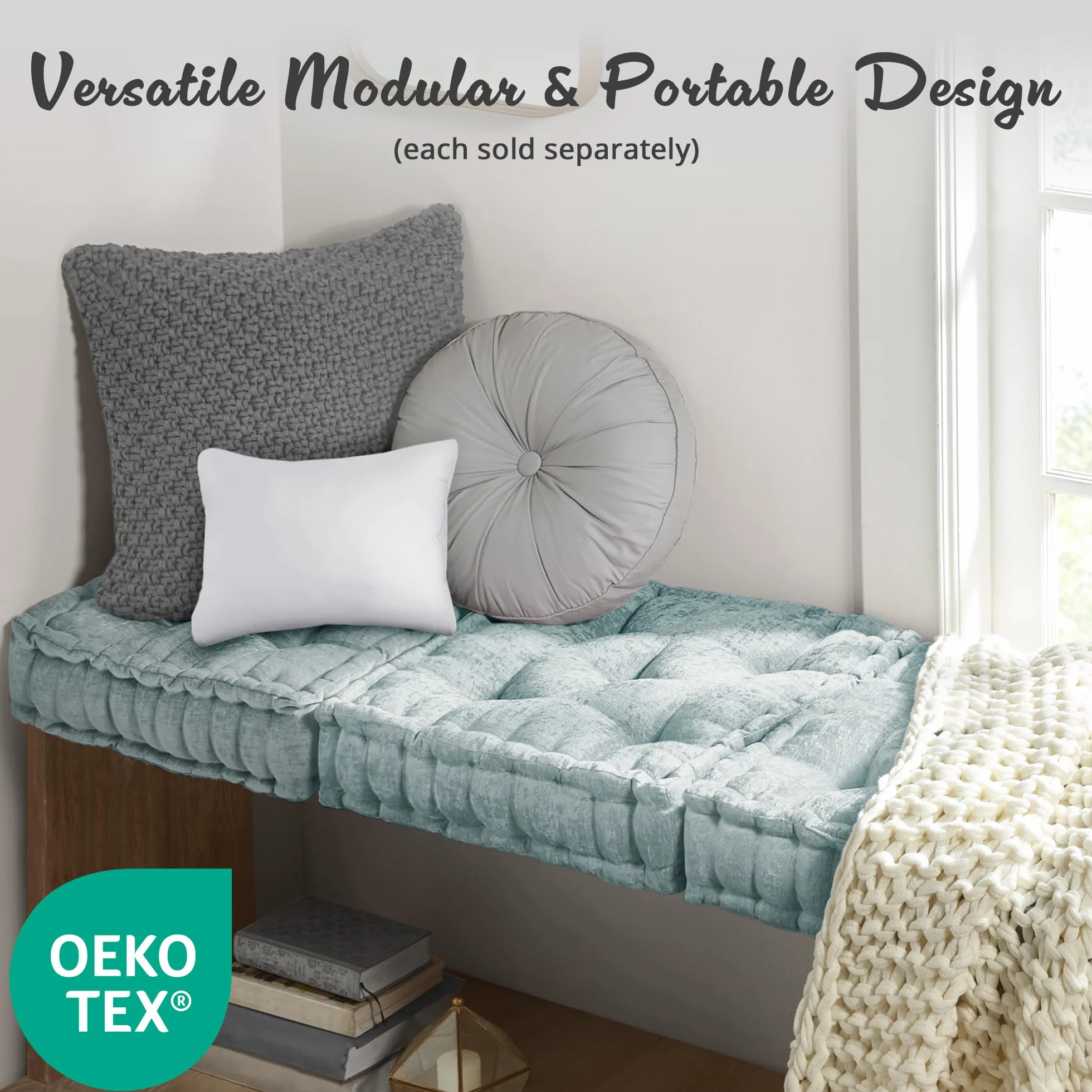 Intelligent Design Azza Floor Pillow, Large Cushions Sitting for Adults, Floor Pillow for Meditation or Yoga, Lustrous Chenille Tufted with Scalloped Edges for Bench/Chair Cushion, 20"x20"x5" Aqua