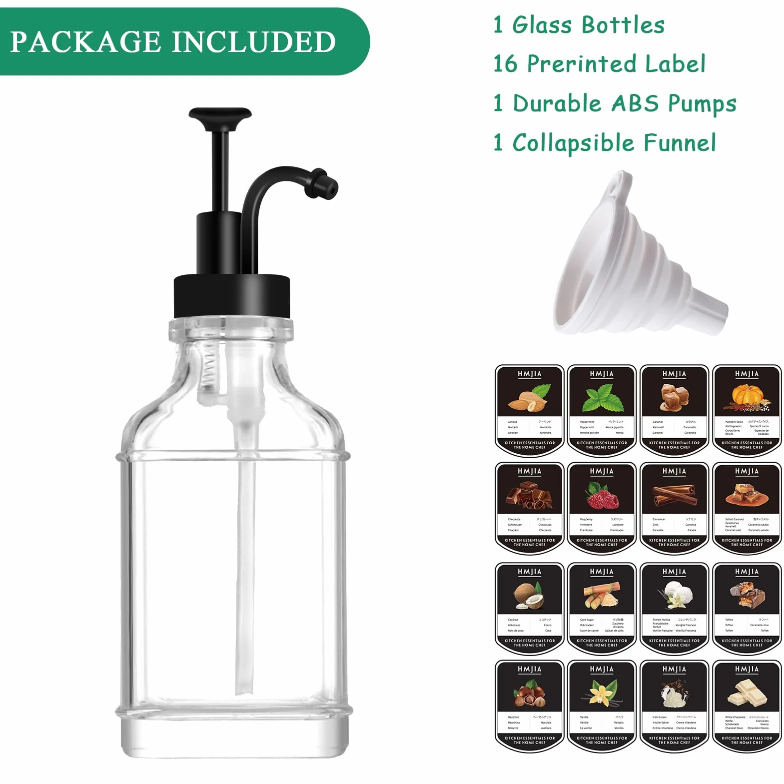 HMJIA Dozownik syropu kawowego do kawiarni, 500 ml, szklane butelki na syrop z 16 wodoodpornymi etykietami, pompa do syropu do restauracji, baru lub lodziarni (500 ml - 1 szt., czarny kwadrat)