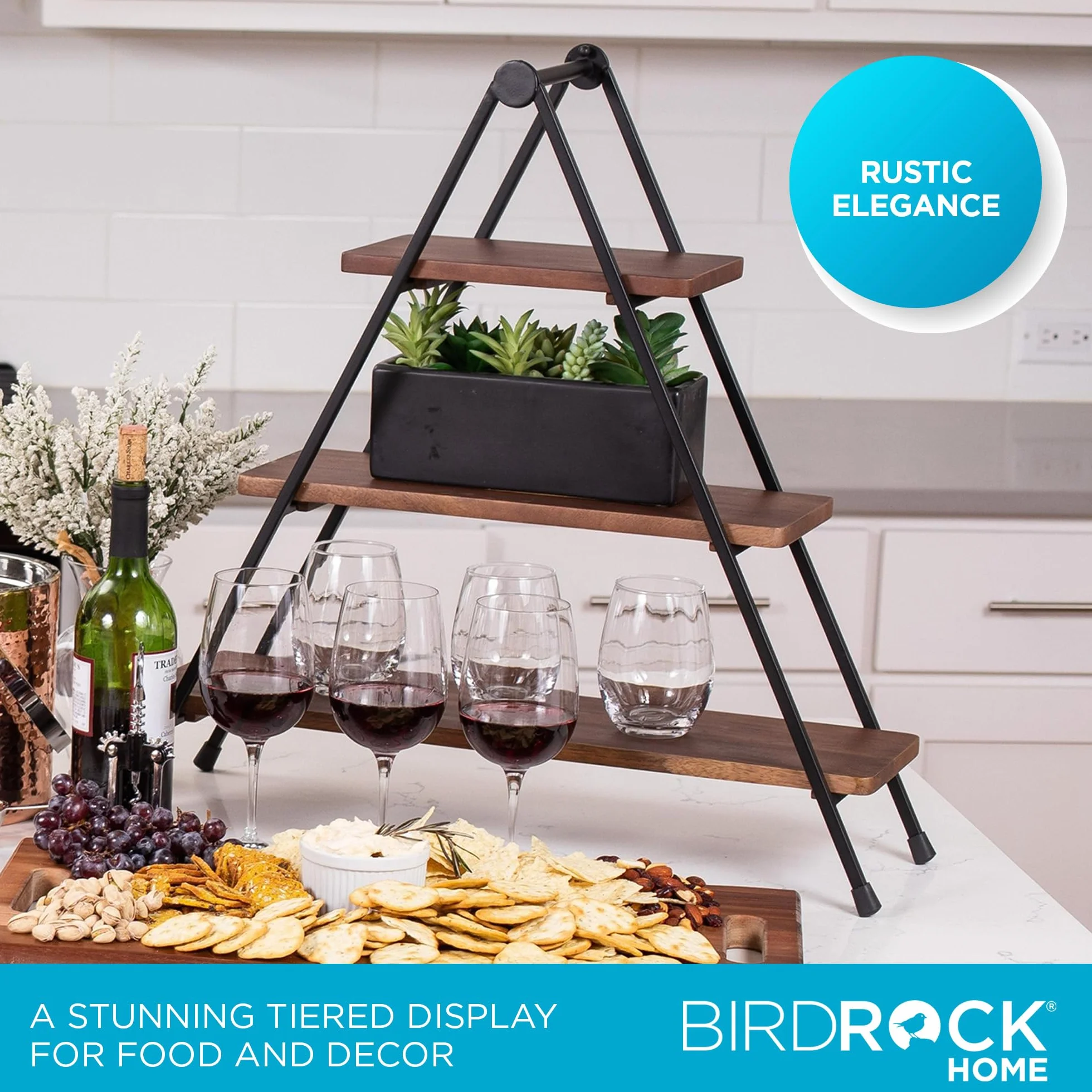 BIRDROCK HOME 3-poziomowa taca do serwowania, żelazny stojak deserowy, dekoracyjny talerz na owoce i ekspozycja żywności, rustykalny serwer do wędlin wiejskich na imprezę, brunch, przekąski, przekąski
