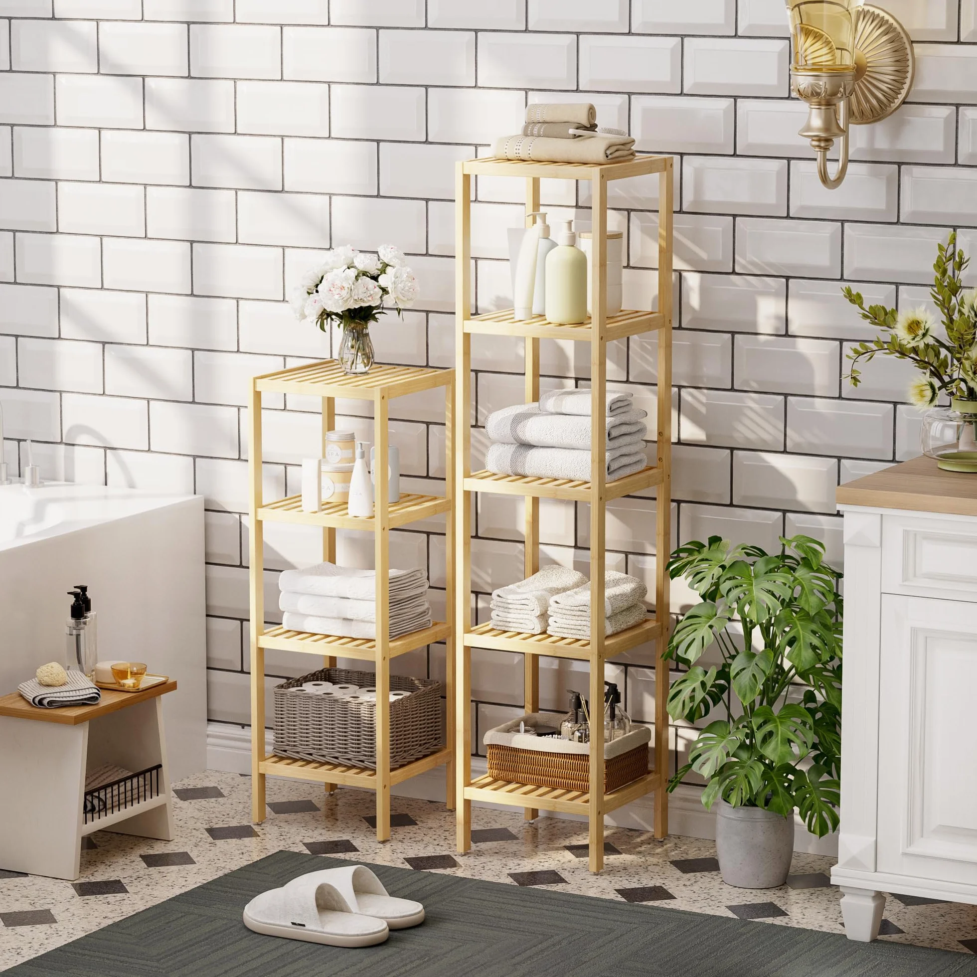 SMIBUY półka do przechowywania w łazience, 4-poziomowy bambusowy organizer na stojak, wielofunkcyjny regał do salonu sypialni kuchni (naturalny)