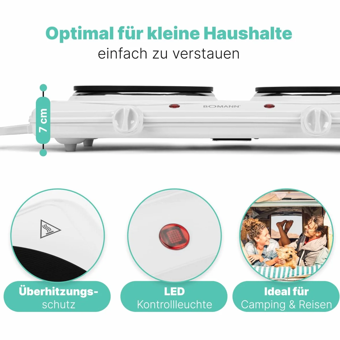 Bomann® Podwójna płyta grzewcza | Wydajna płyta grzewcza z bezstopniowo regulowanymi termostatami | 2 płyty grzewcze | uchwyty Cool-Touch | podwójna płyta grzewcza o mocy 1500 W/1000 W | DKP 5028 CB