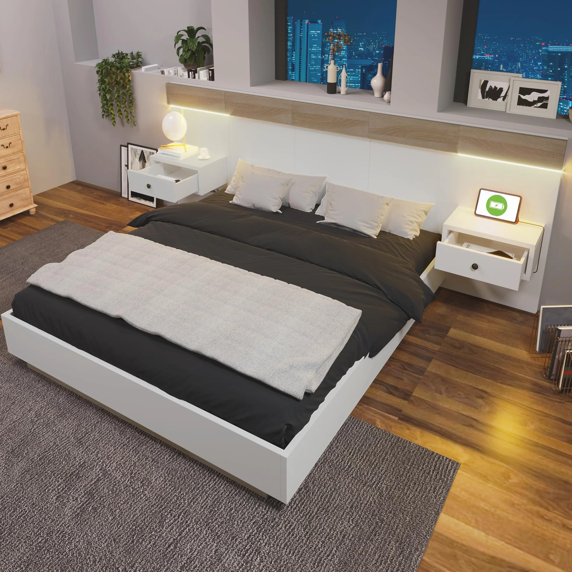 Sapgaks Łóżko 160 x 200 z listwami i głową, łóżko do bagażnika z 2 stolikami nocnymi LED i gniazdem USB, łóżko dla 2 osób z miejscem do przechowywania, podwójna rama, zestaw z białego dębu (bez