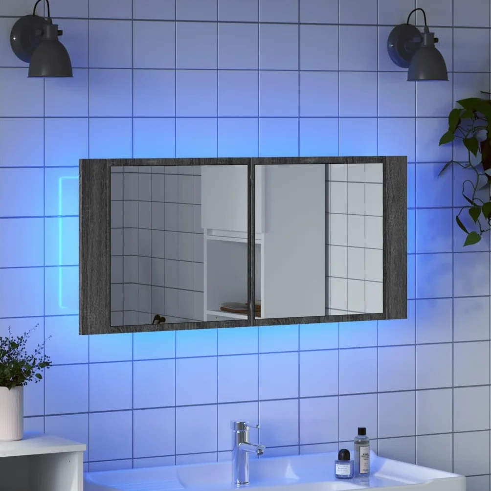 Szafki i przechowywanie – szafka łazienkowa LED z lustrem szara Sonoma 100 x 12 x 45 cm