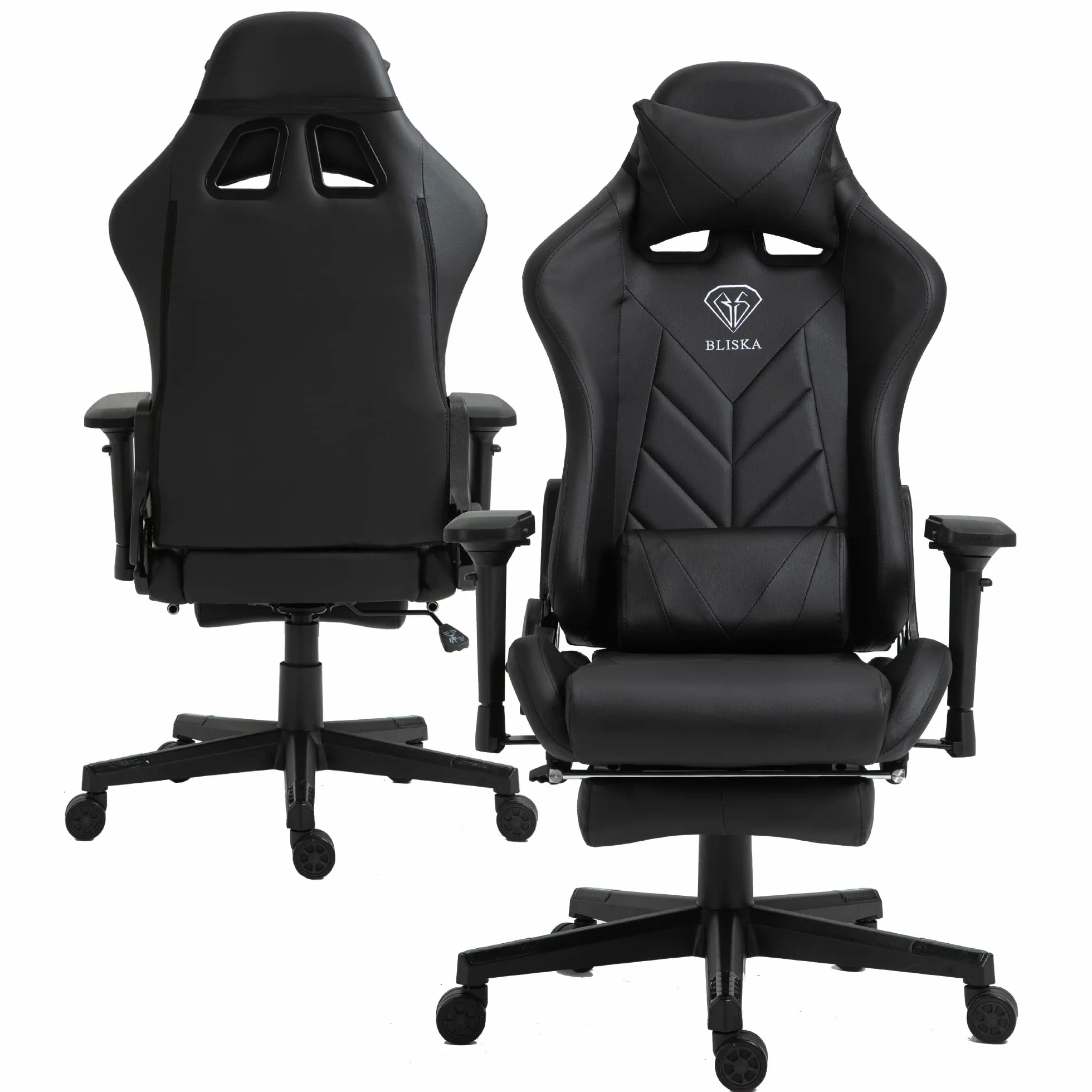 Fotel gamingowy z podnóżkiem i ergonomicznymi podłokietnikami 4D, ergonomiczne, sportowe siedzisko, krzesło dla graczy z regulowaną poduszką podpierającą plecy, krzesło biurowe, kolor: czarny