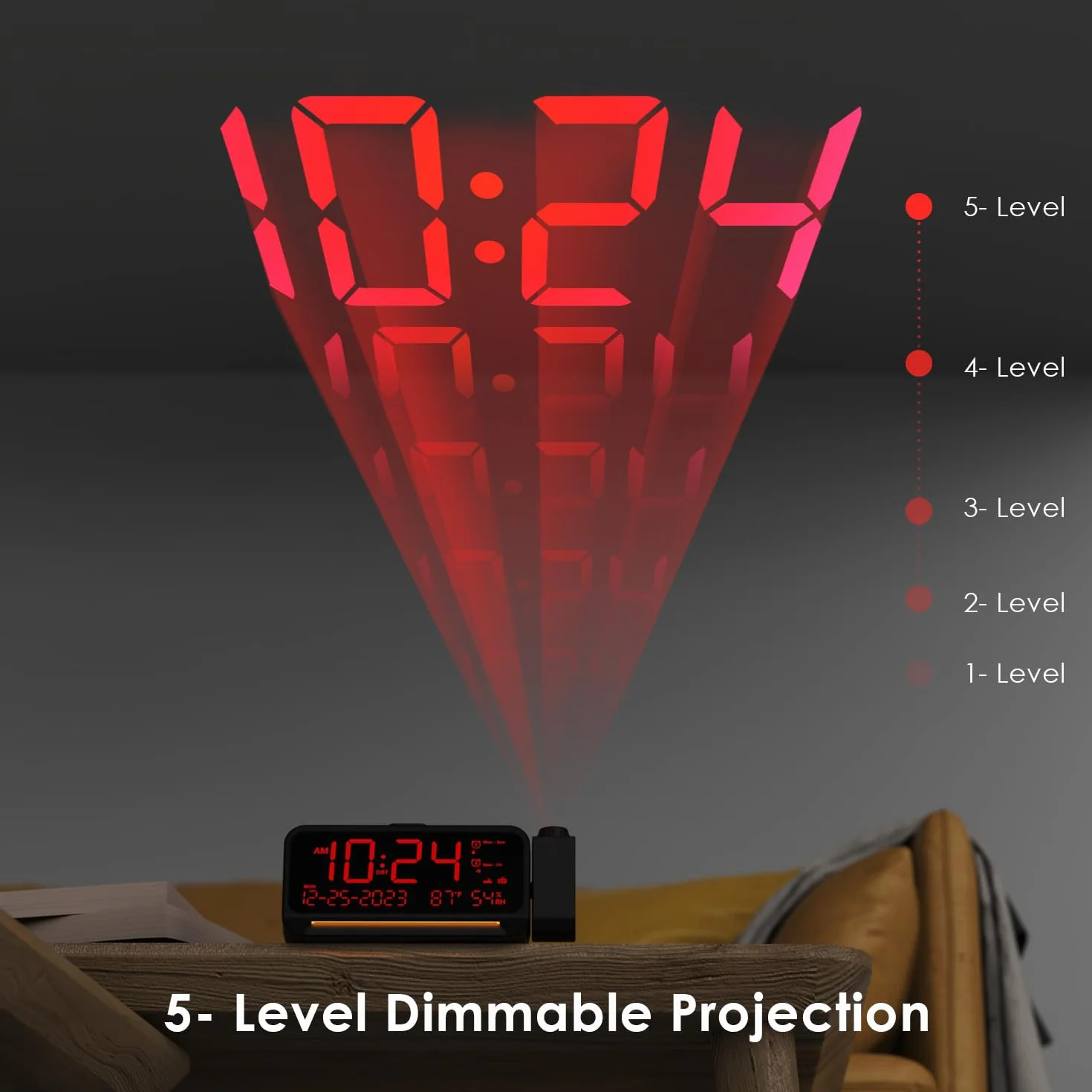 Budzik z projekcją dla sypialni, zegar z projekcją z 5 trybami przyciemnienia, nocne światło, tryb weekendowy/dni roboczych, ładowarka Typ C/USB, 12/24H/DST, drzemka, zapasowe zasilanie bateryjne