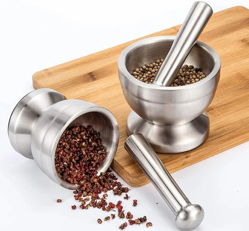 Moździerz ze stali nierdzewnej z tłuczkiem, przeznaczony do kontaktu z żywnością, Pestle and Mortar Stainless Steel, średnica 10 cm (3,9")