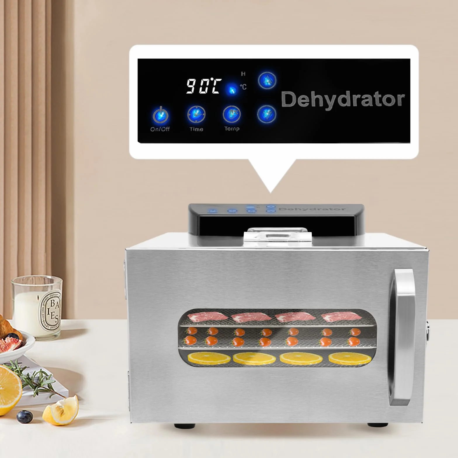 Suszarka ze stali nierdzewnej, 6-poziomowa suszarka do pomidorów, 400 W, regulator temperatury 30-90°C, funkcja timera 24 h, zamrażanie suszarki do owoców, mięsa, owoców, warzyw