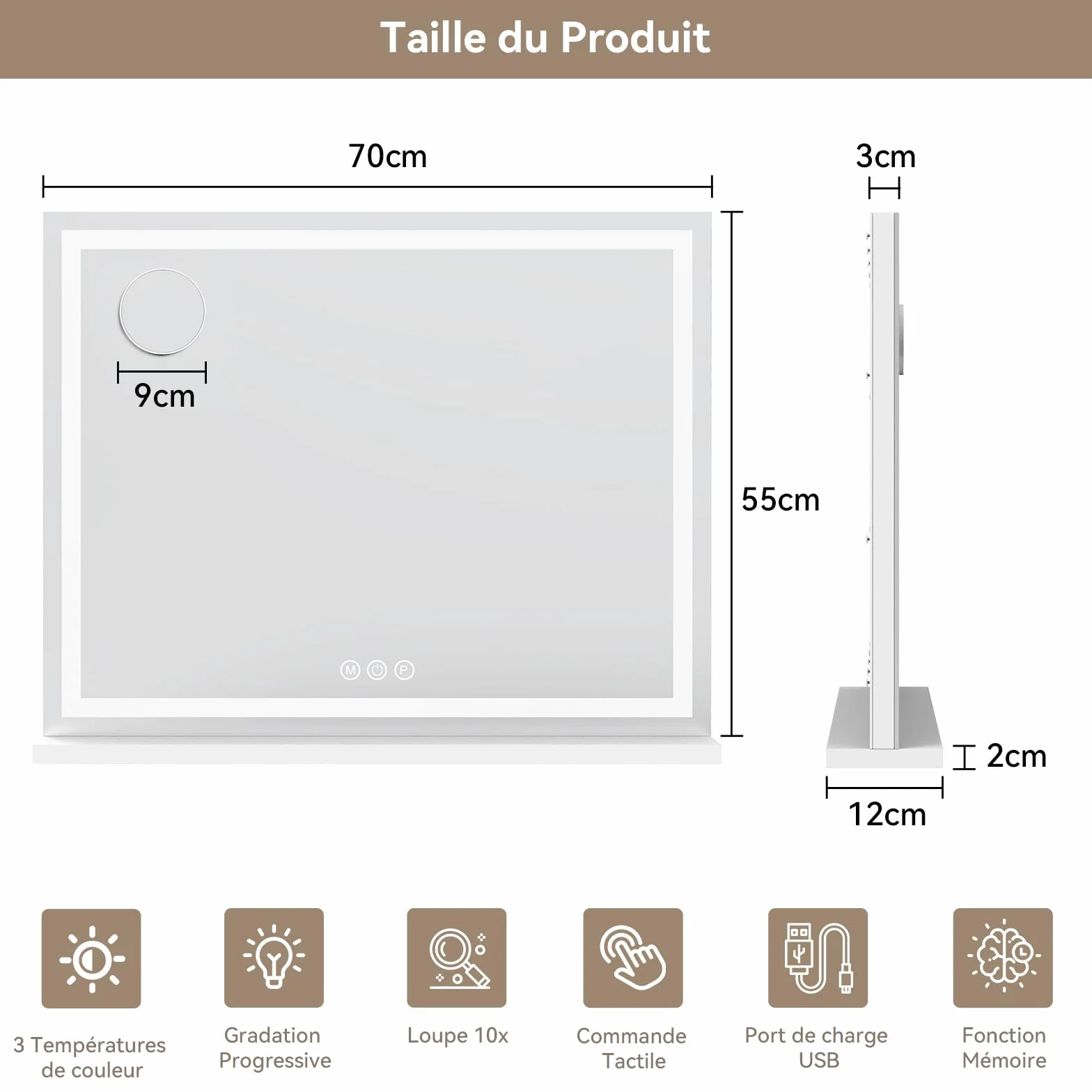 YOURLITE Hollywood podświetlane lusterko do makijażu 70x57cm, 3 kolory ściemnialna toaletka LED, powiększona 10x, przełącznik dotykowy, port USB, białe