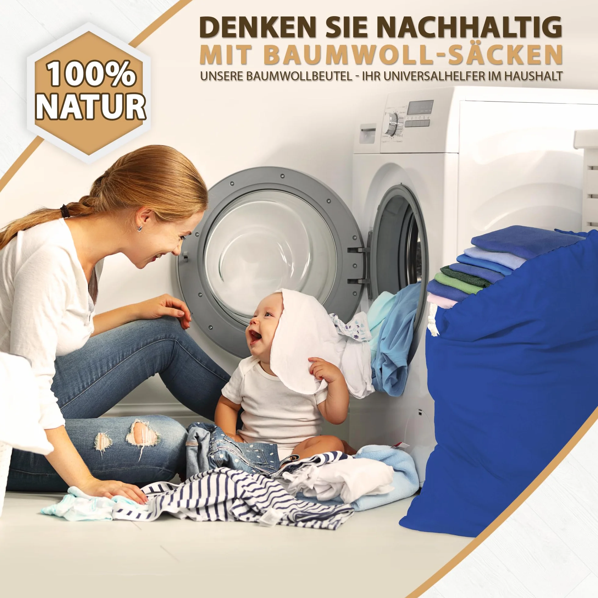 ELES VIDA® - Worki na pranie 50 x 75 cm ze 100% bawełny – bardzo duże worki na pranie – trwałe, ze sznurkiem, podróżny kosz na pranie, do przechowywania w kolorze niebieskim, 50 x 75 cm, 2 sztuki