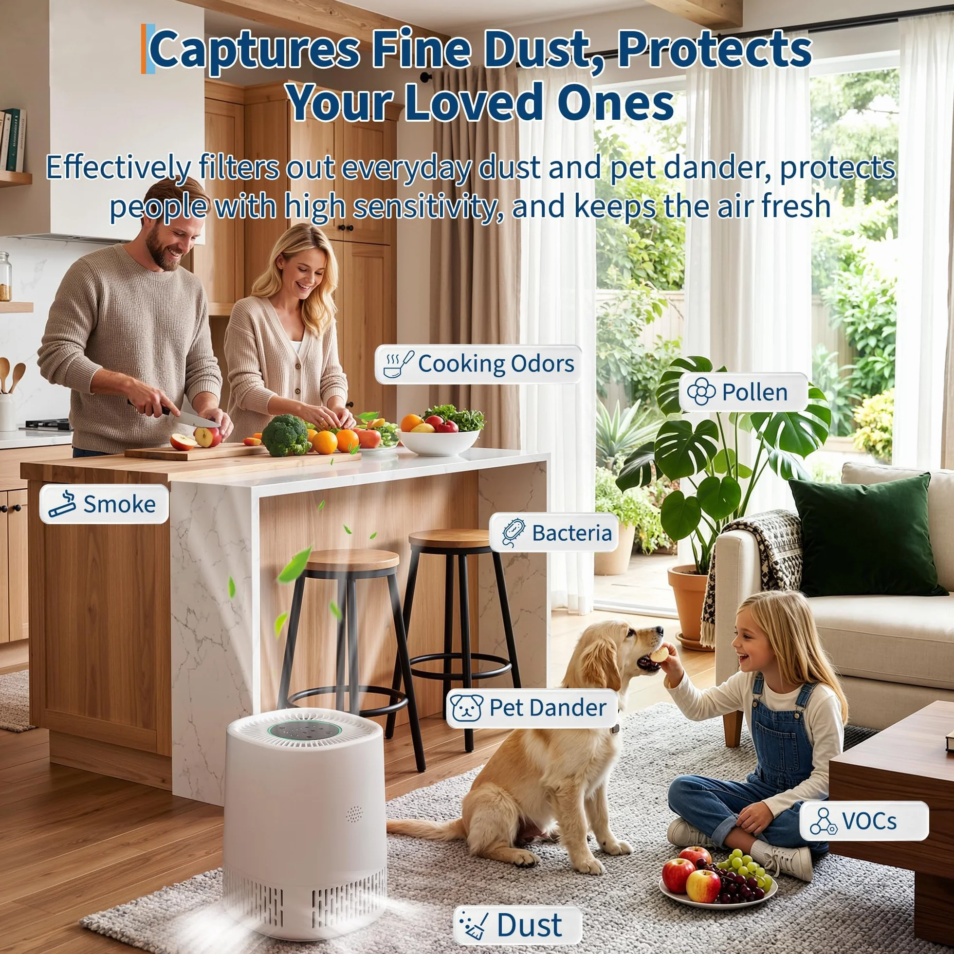 Oczyszczacz powietrza z filtrem HEPA 3 w 1, CADR 100 m³/h, do 15 m³/h, 5 stopni w zestawie tryb automatyczny i uśpienia, cichy 24 dB, USB Type-C, timer, zabezpieczenie przed dziećmi, dla alergików i