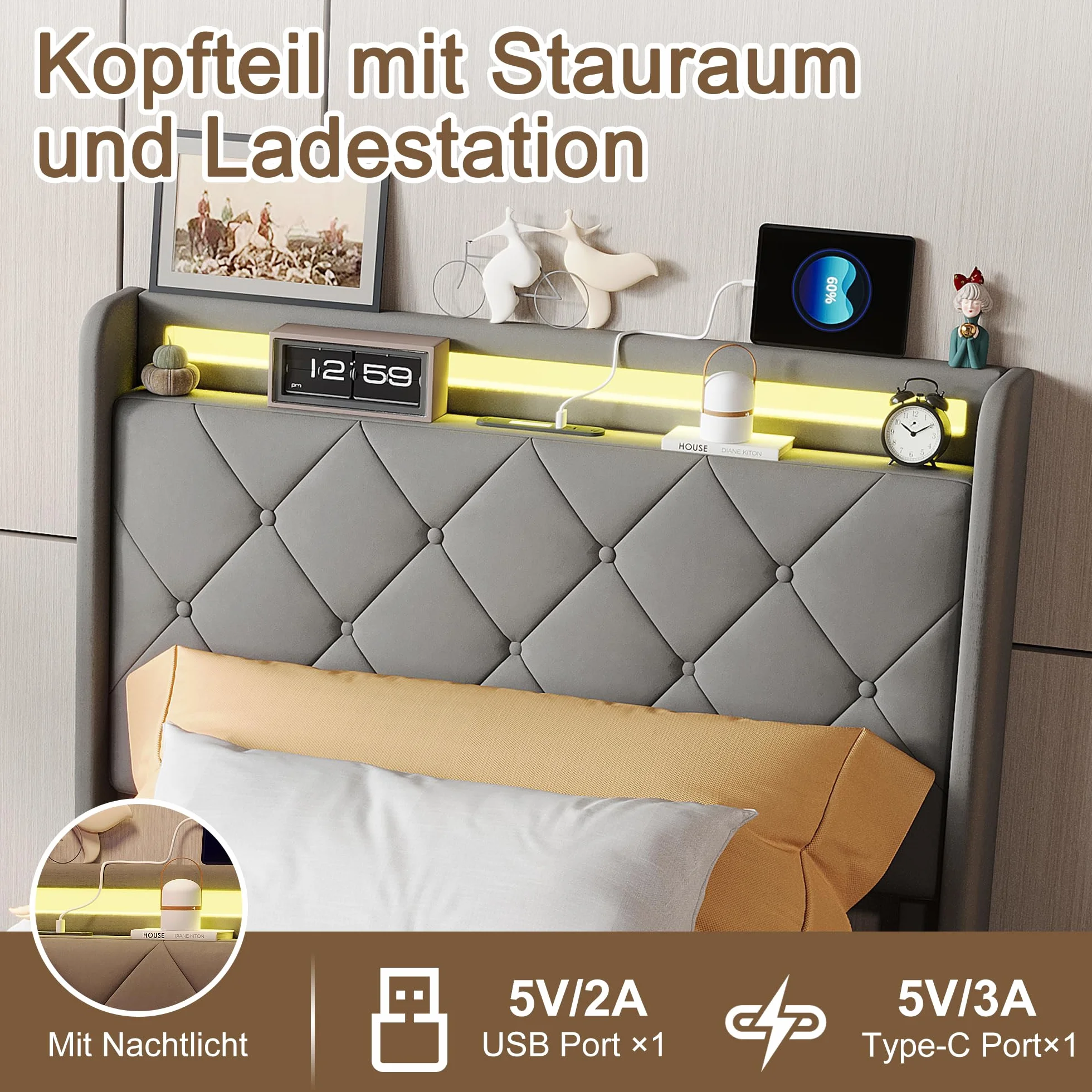 Łóżko tapicerowane 90 x 200 cm z diodami LED i funkcją ładowania USB, łóżko młodzieżowe z 4 szufladami do przechowywania, pojedyncze łóżko ze stelażem i miejscem do przechowywania, bez