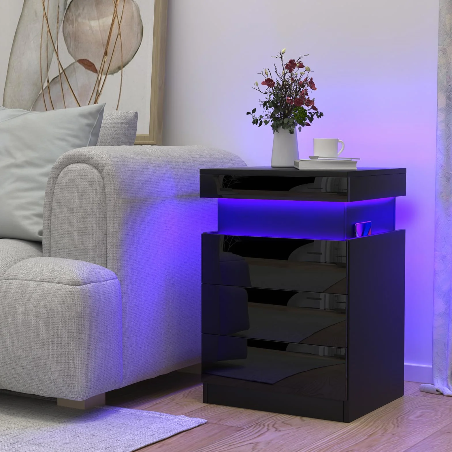 Led-stolik nocny, drewniany led-stolik nocny z 3 szufladami, stólik nocny z ładowarka, wysokopołyskowny stolik nocny ze schowkiem, stolik nocny (2, czarny)