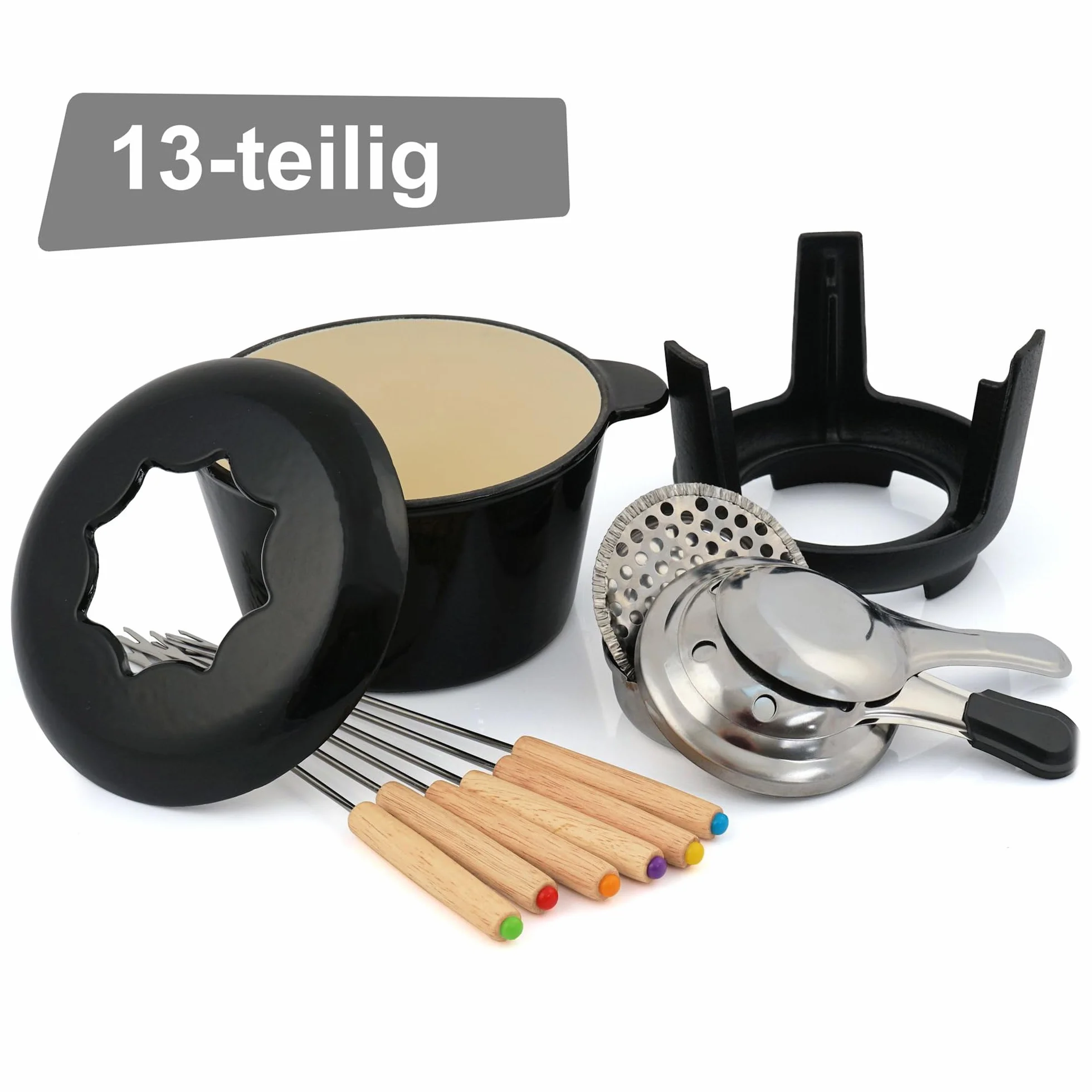 BBQ-Toro Żeliwny zestaw do fondue dla 6 osób, zestaw do fondue, 13-częściowy z palnikiem i widelcami, pojemność 1 l, serem, czekolada, indukcja (czarny/kremowy)