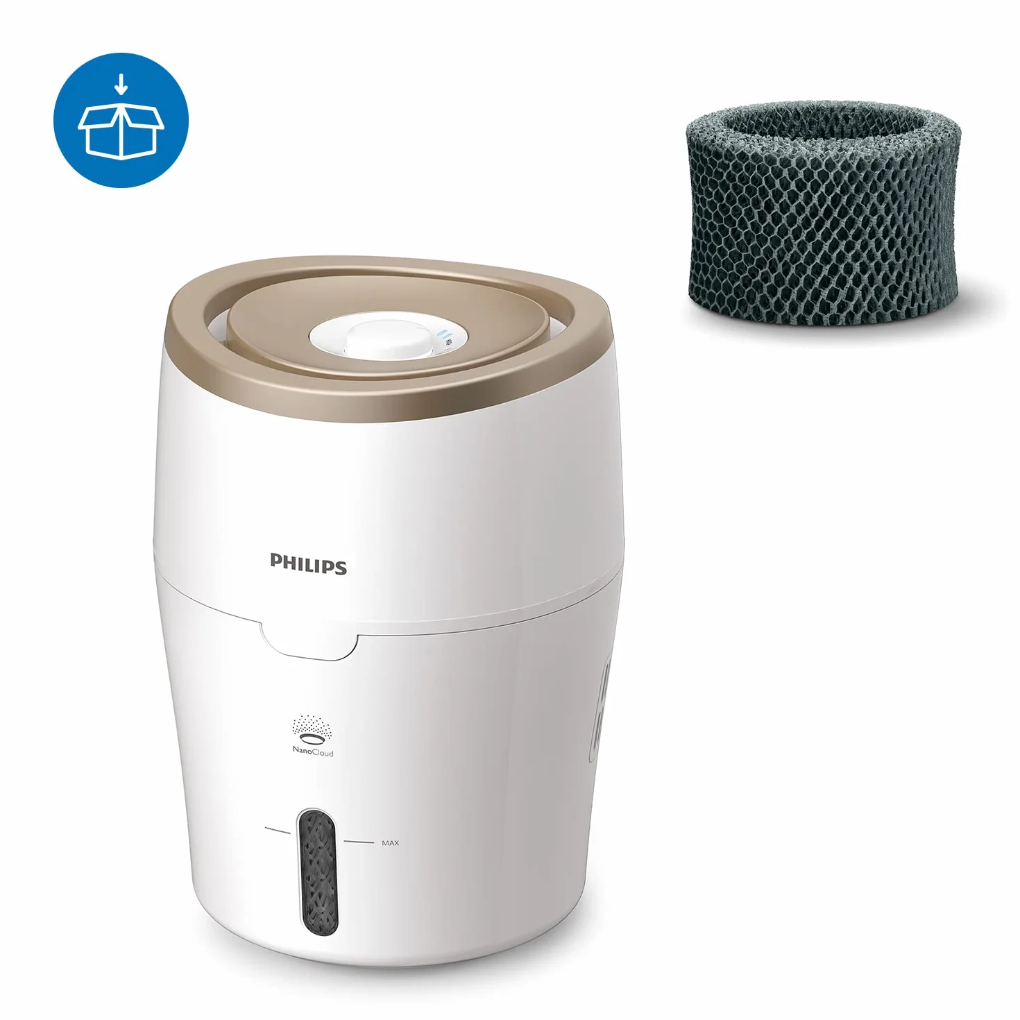 Philips Nawilżacz Powietrza Serii 2000, Nawilża Pomieszczenia do 38 m², Technologia NanoCloud, 2 Prędkości, 2l zbiornik na wodę, cichy, kolor biało/kremowy (HU4811/10)