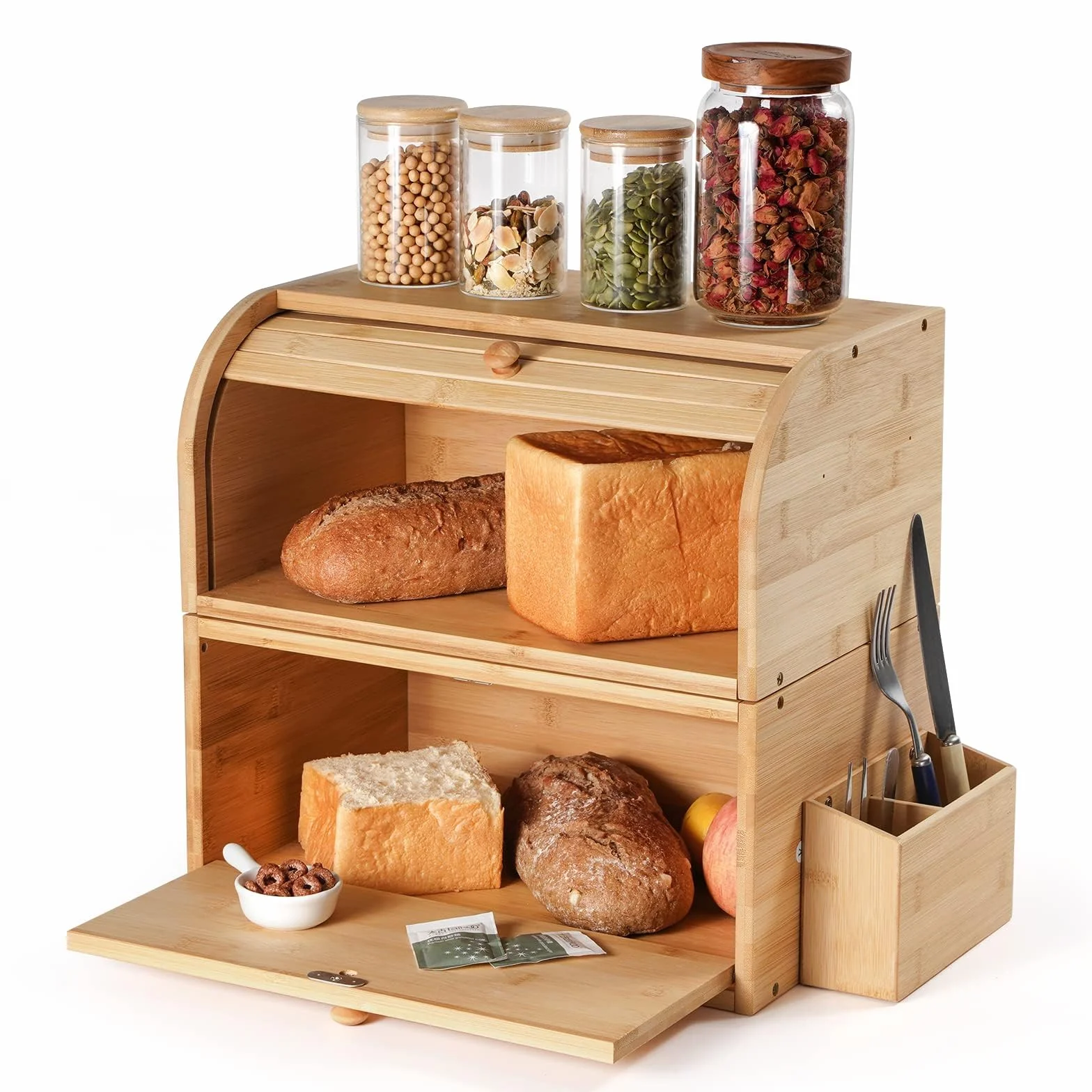 GUUSII HOME Chlebnik Drewniany Duży Retro Eco Chlebnik Pokrywa rolki Dwuwarstwowy pojemnik na chleb z możliwością układania w stosy 38x25x36cm Naturalny bambus Zachowuje świeżość i smak