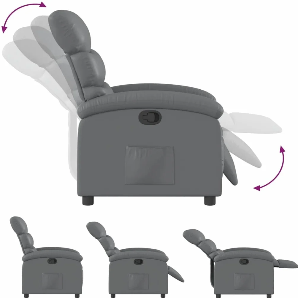Fotel relaksacyjny, szary, sztuczna skóra z ręczną funkcją leżenia, stabilna rama metalowa, szerokie podłokietniki, kieszeń boczna i ergonomiczny komfort do salonu, biura i kącika do czytania
