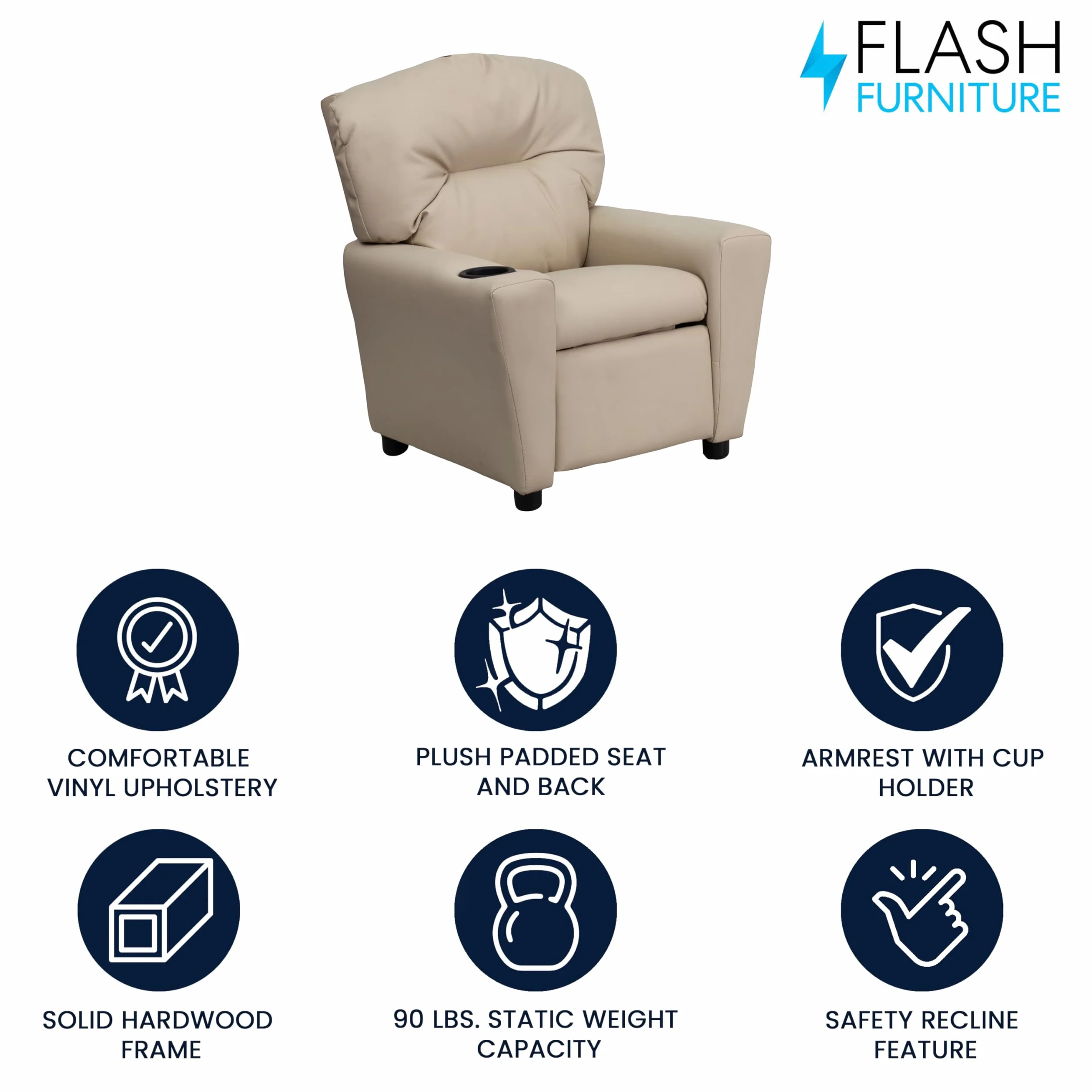 Flash Furniture Współczesny leżak dziecięcy z uchwytem na kubki, drewno, beżowy winyl, 66,04 x 53,34 x 53,34 cm