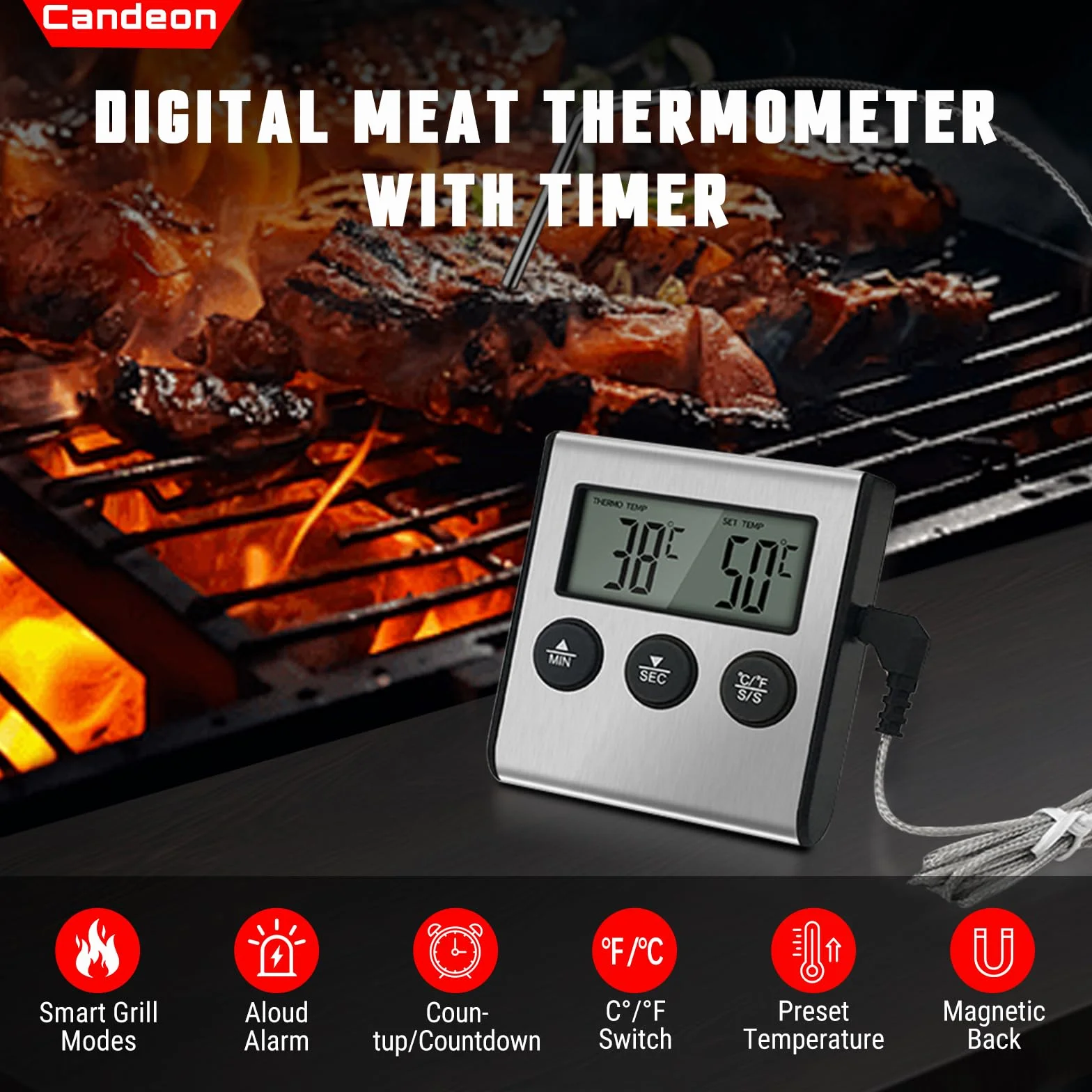 Cyfrowy termometr do mięsa, termometr do gotowania żywności – termometr z sondą ze stali nierdzewnej, magnetyczny duży wyświetlacz LCD – termometr kuchenny BBQ grill - termometr do wędzenia, grilla