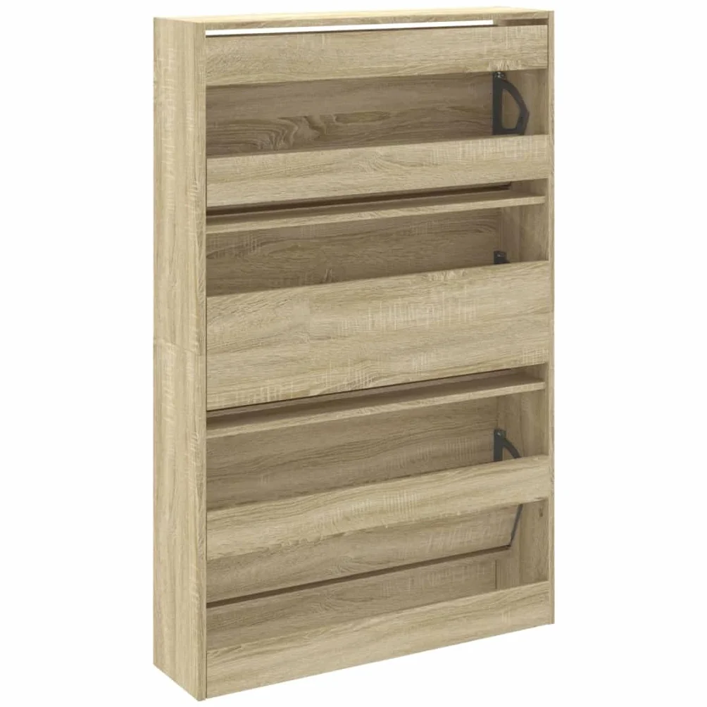 Szafka na buty dąb Sonoma z materiału drewnopochodnego 80 x 21 x 125,5 cm z 3 półkami, zajmuje mało miejsca, do korytarza, przedpokoju, wejścia, schowka, regał na buty, organizer