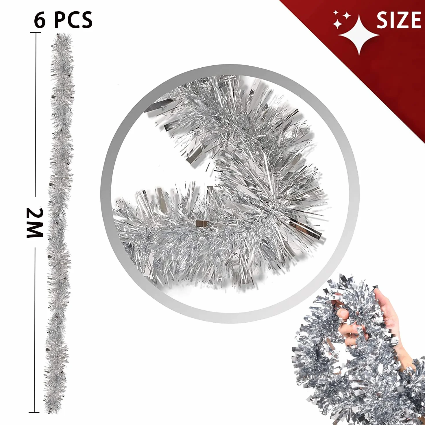 Girlanda z lametami bożonarodzeniowymi, 6 x 2 m, błyszcząca, srebrna, dekoracja choinkowa, świąteczna