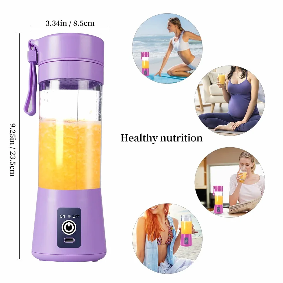 Przenośny blender, osobisty, sokowirówki, 380 ml, ręczny, do owoców, ładowany przez USB, z 6 ostrzami, podróżny do koktajli, jasnofioletowy
