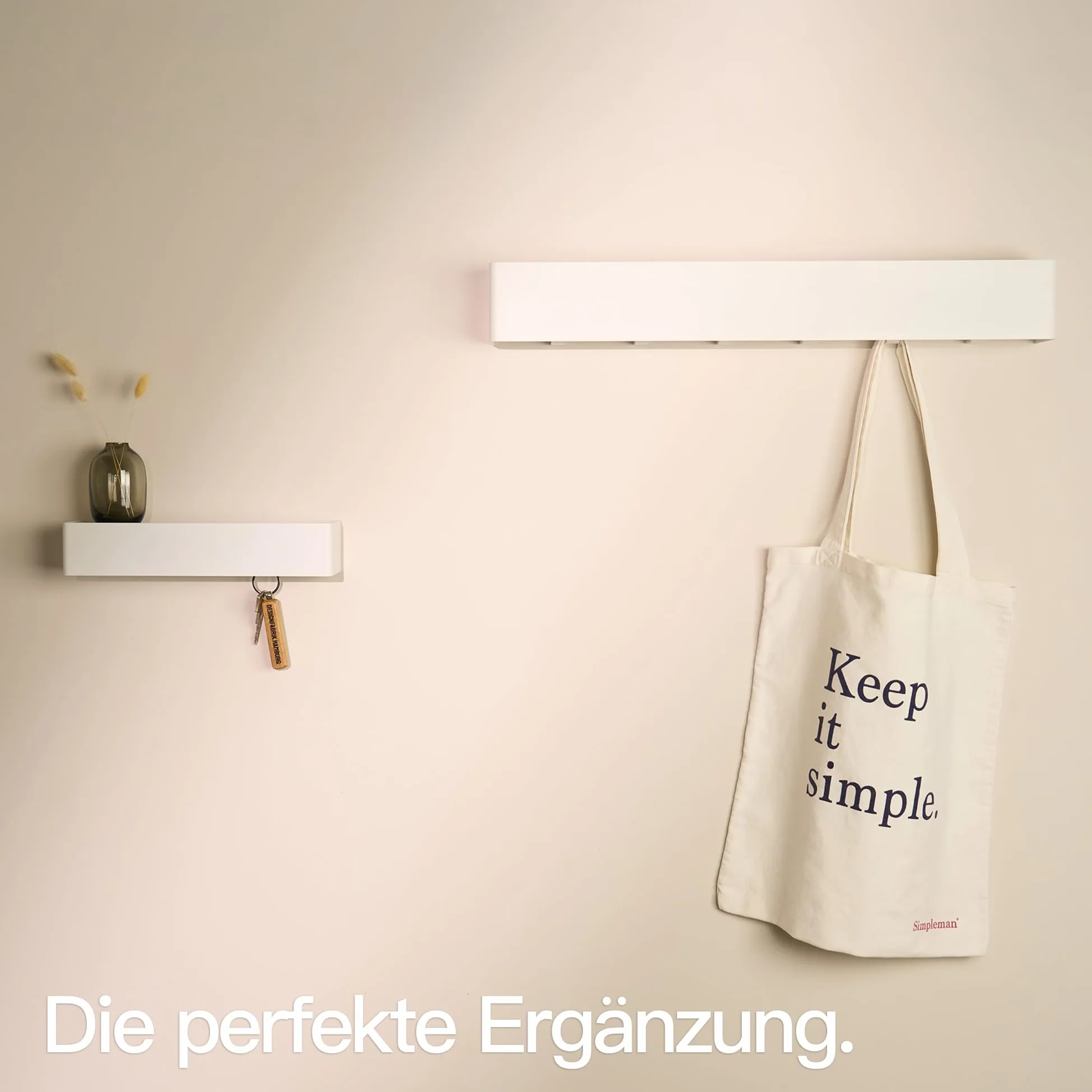 Designfabrik Hamburg Tabliczka na klucze | Nowoczesny schowek na klucze z półką | Metalowy wieszak na klucze ścienny | Minimalistyczny design do przedpokoju i wejścia | Biały